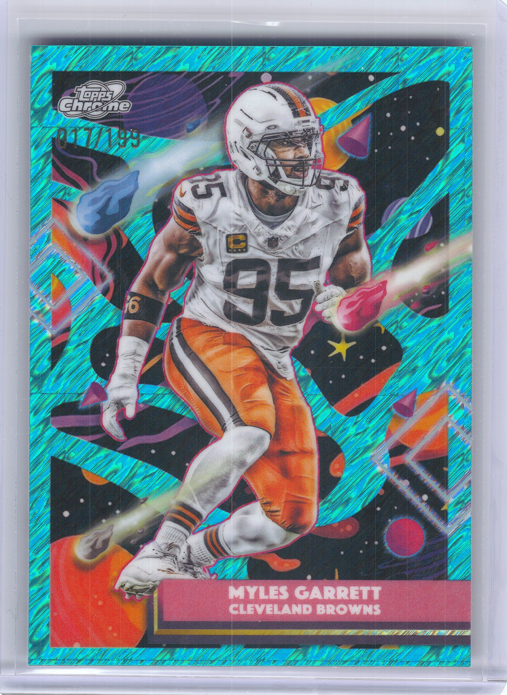 2025 Topps Chrome Cosmic #24 Myles Garrett Aqua Equinox Refractor #/199 Cleveland Browns SN