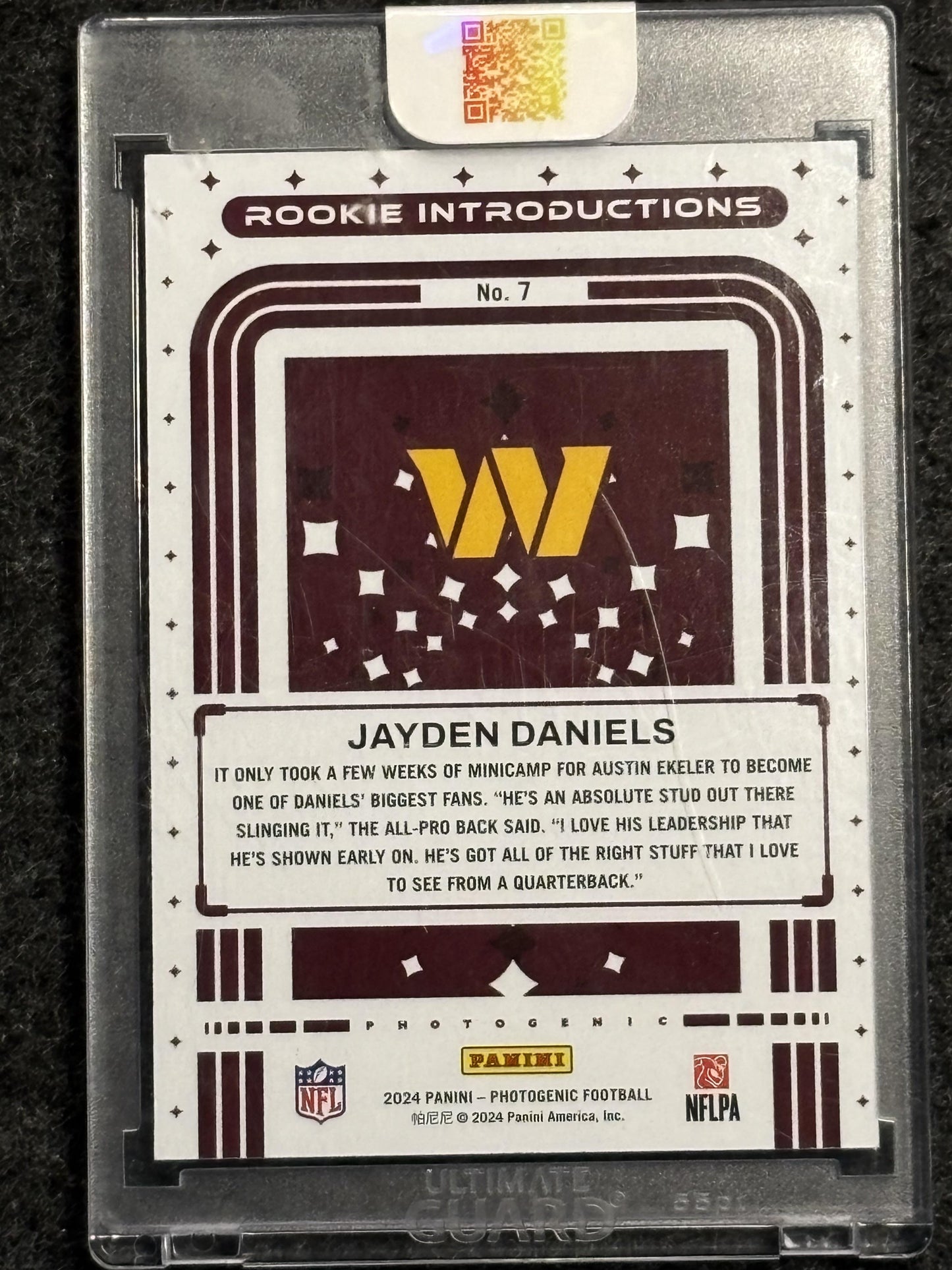 2024 Panini Photogenic #7 Jayden Daniels Rookie Introductions Red Color Match Washington Commanders SN