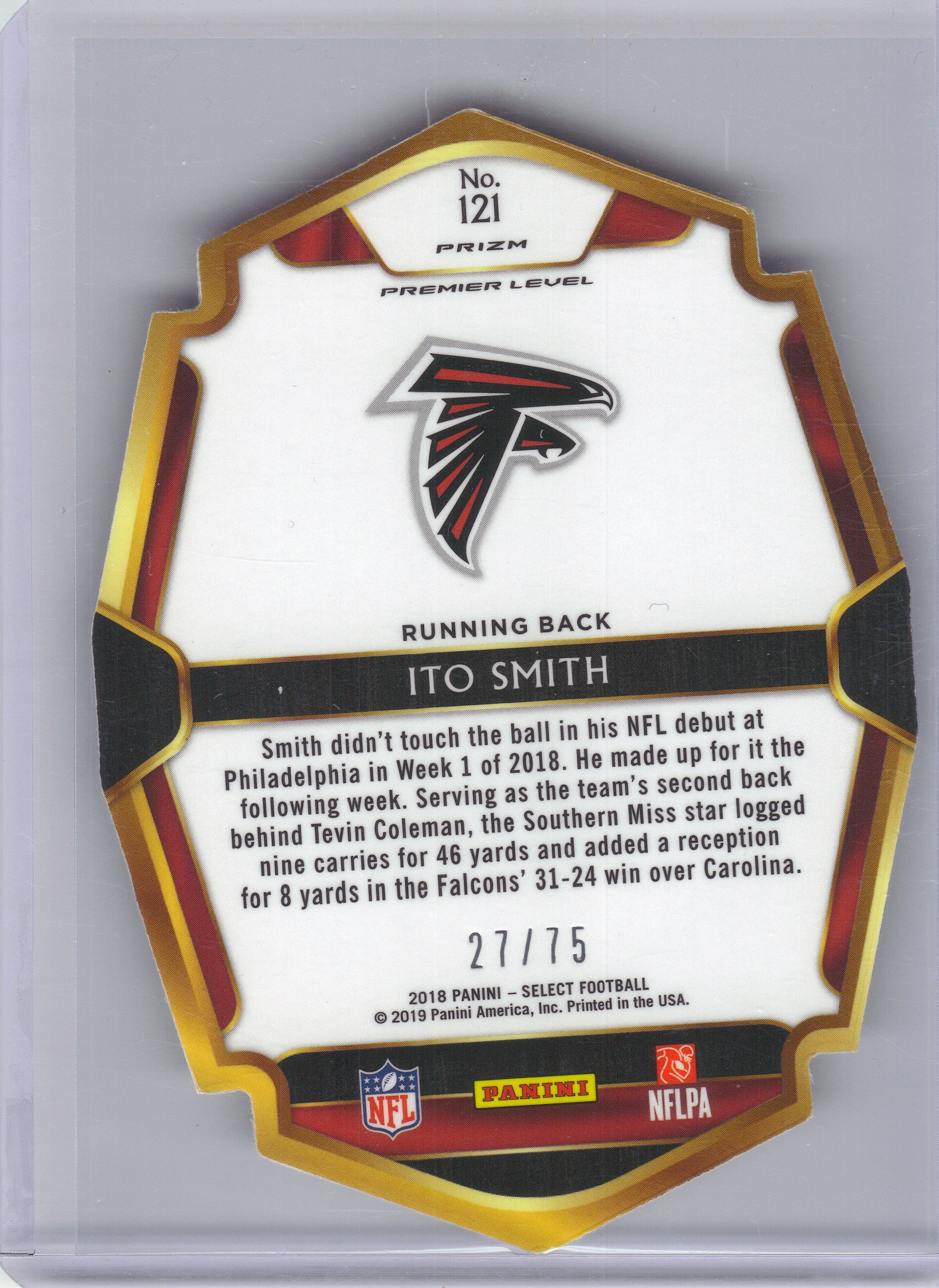 2018 Panini Select #121 Ito Smith Purple Prizm Die Cut #/75 Atlanta Falcons SN