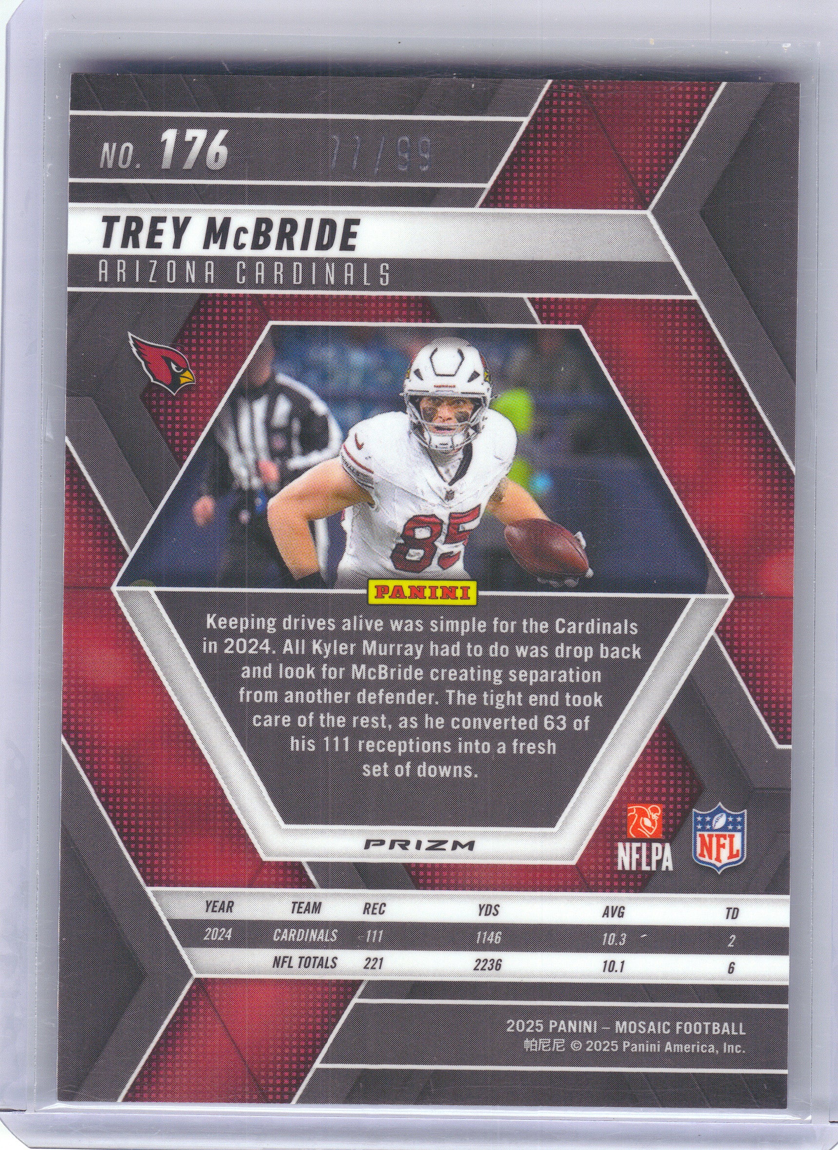 2025 Panini Mosaic #176 Trey McBride Mosaic Blue #/99 Arizona Cardinals SN