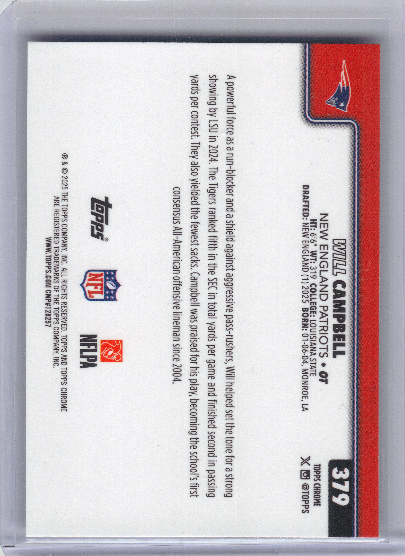 2025 Topps Chrome #379 Will Campbell Pulsar Refractor New England Patriots Rookie