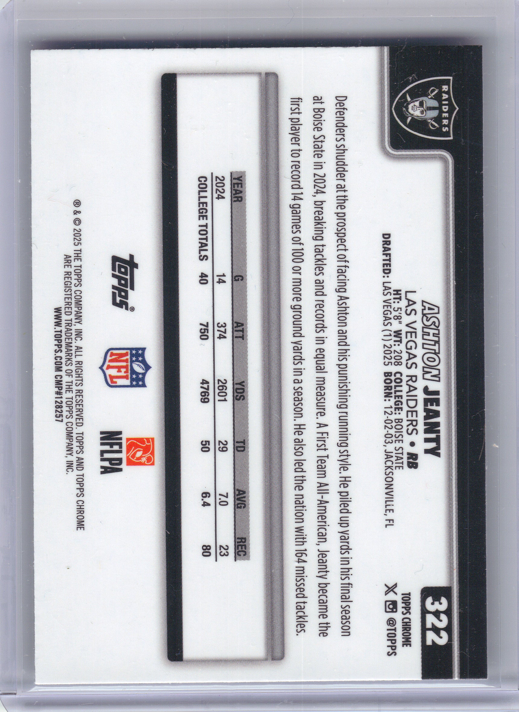 2025 Topps Chrome #322 Ashton Jeanty Las Vegas Raiders Rookie