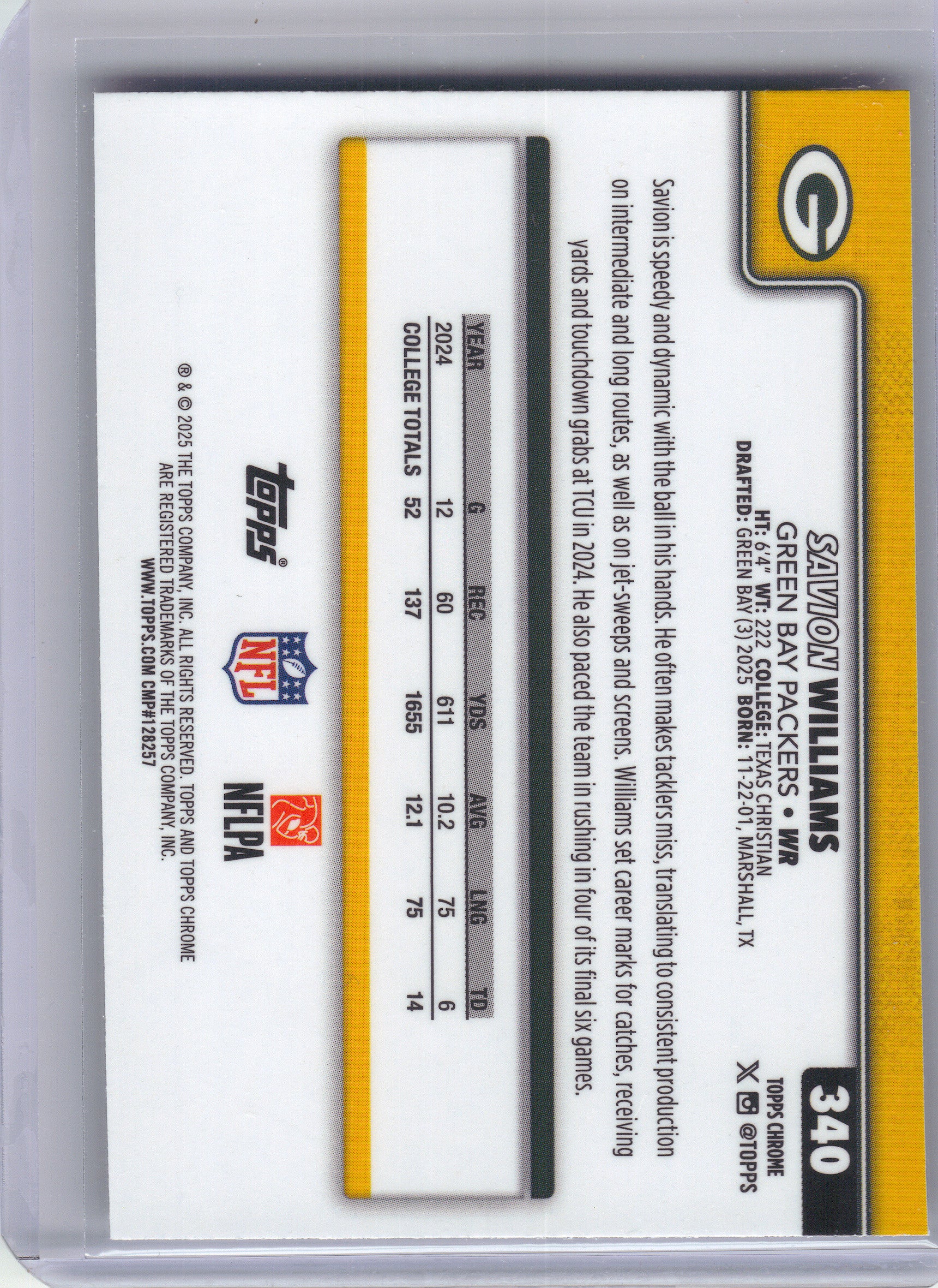 2025 Topps Chrome #340 Savion Williams Green Bay Packers Rookie
