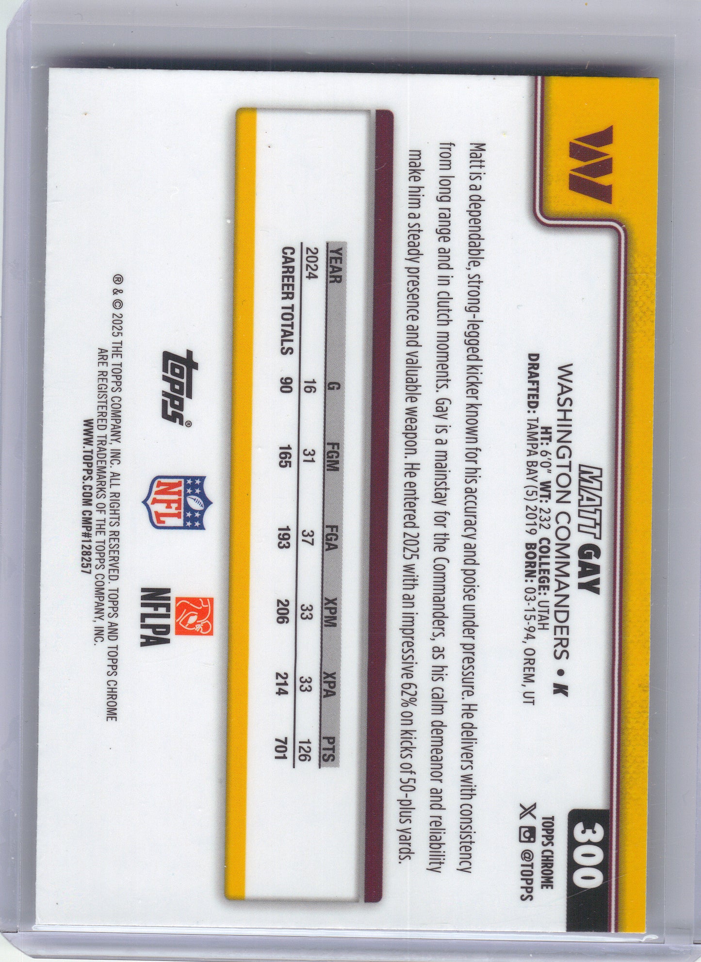 2025 Topps Chrome #300 Matt Gay X-Fractor Washington Commanders