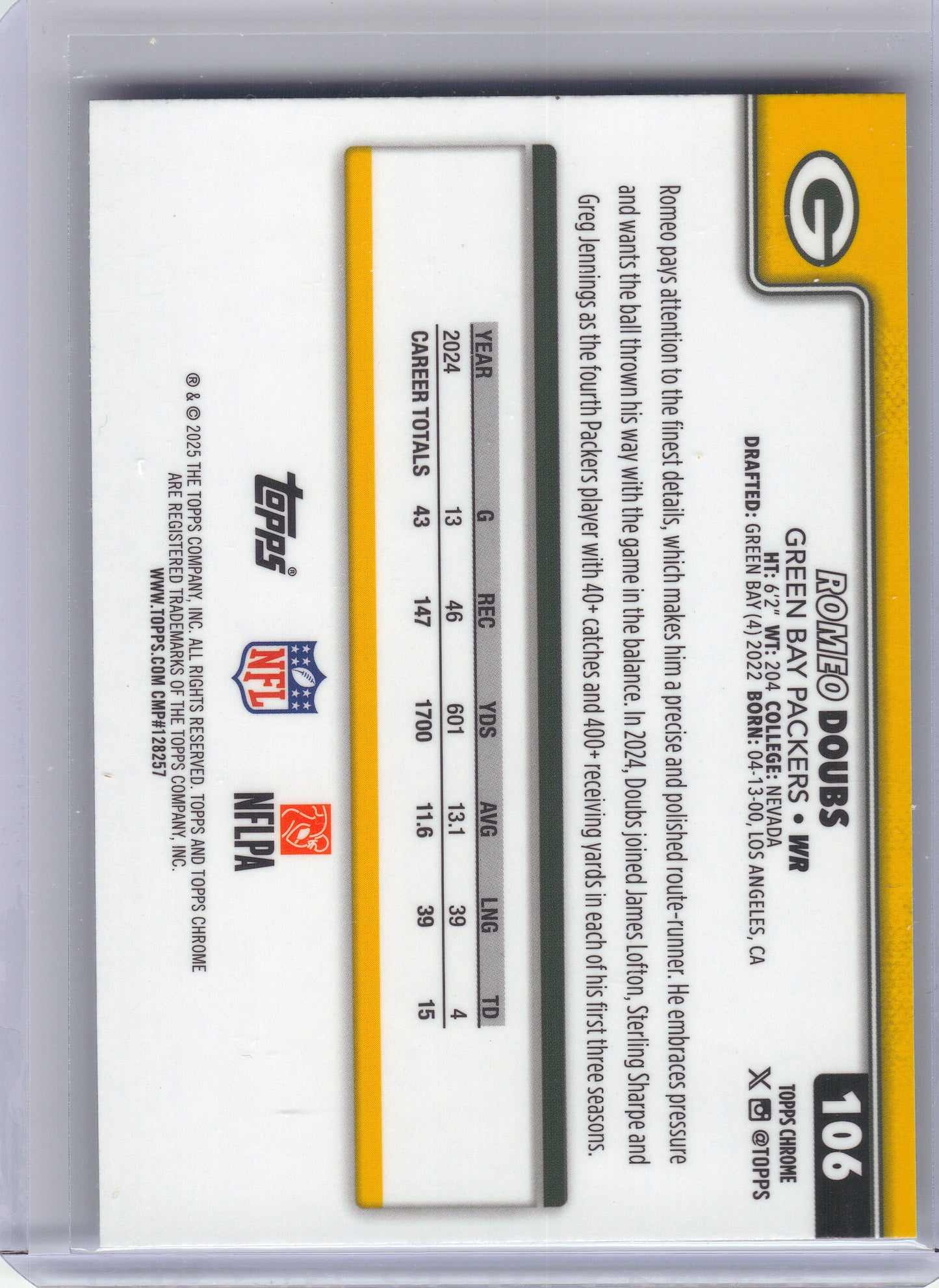 2025 Topps Chrome #106 Romeo Doubs Pulsar Refractor Green Bay Packers