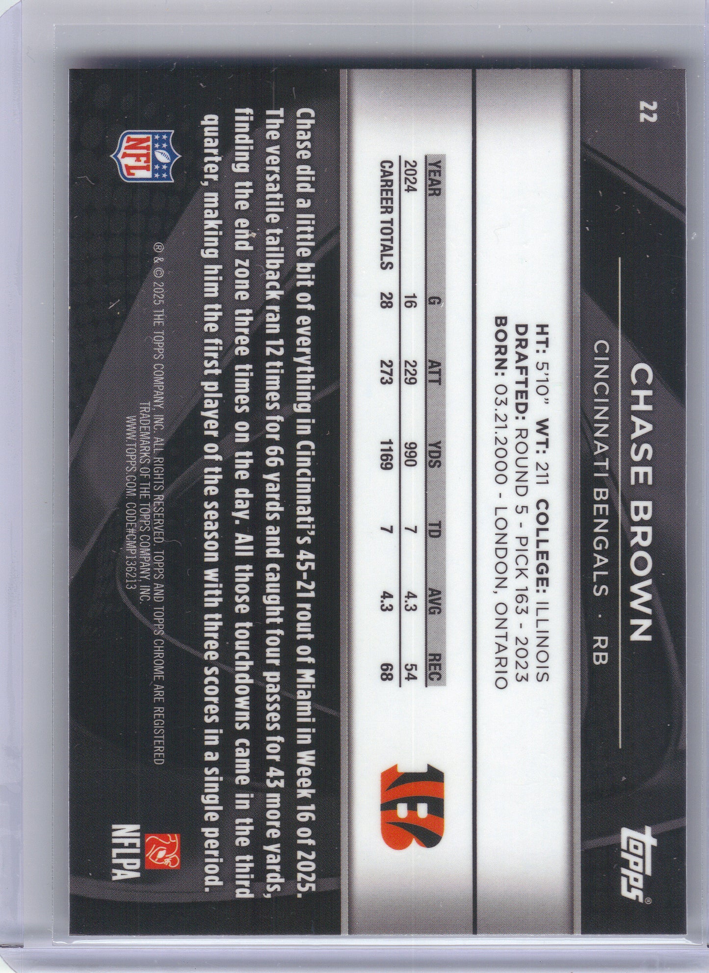 2025 Topps Chrome Black #22 Chase Brown Cincinnati Bengals
