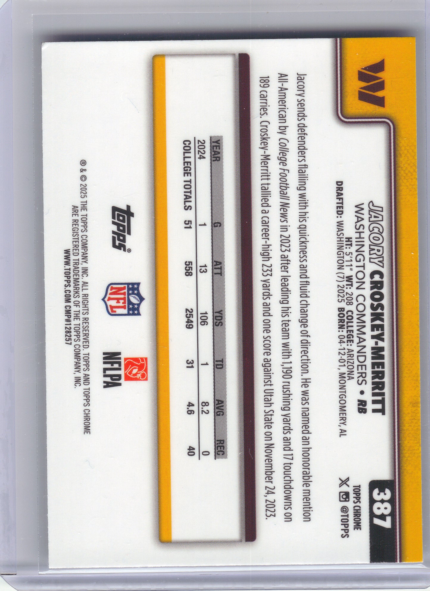 2025 Topps Chrome #387 Jacory Croskey-Merritt X-Fractor Washington Commanders Rookie