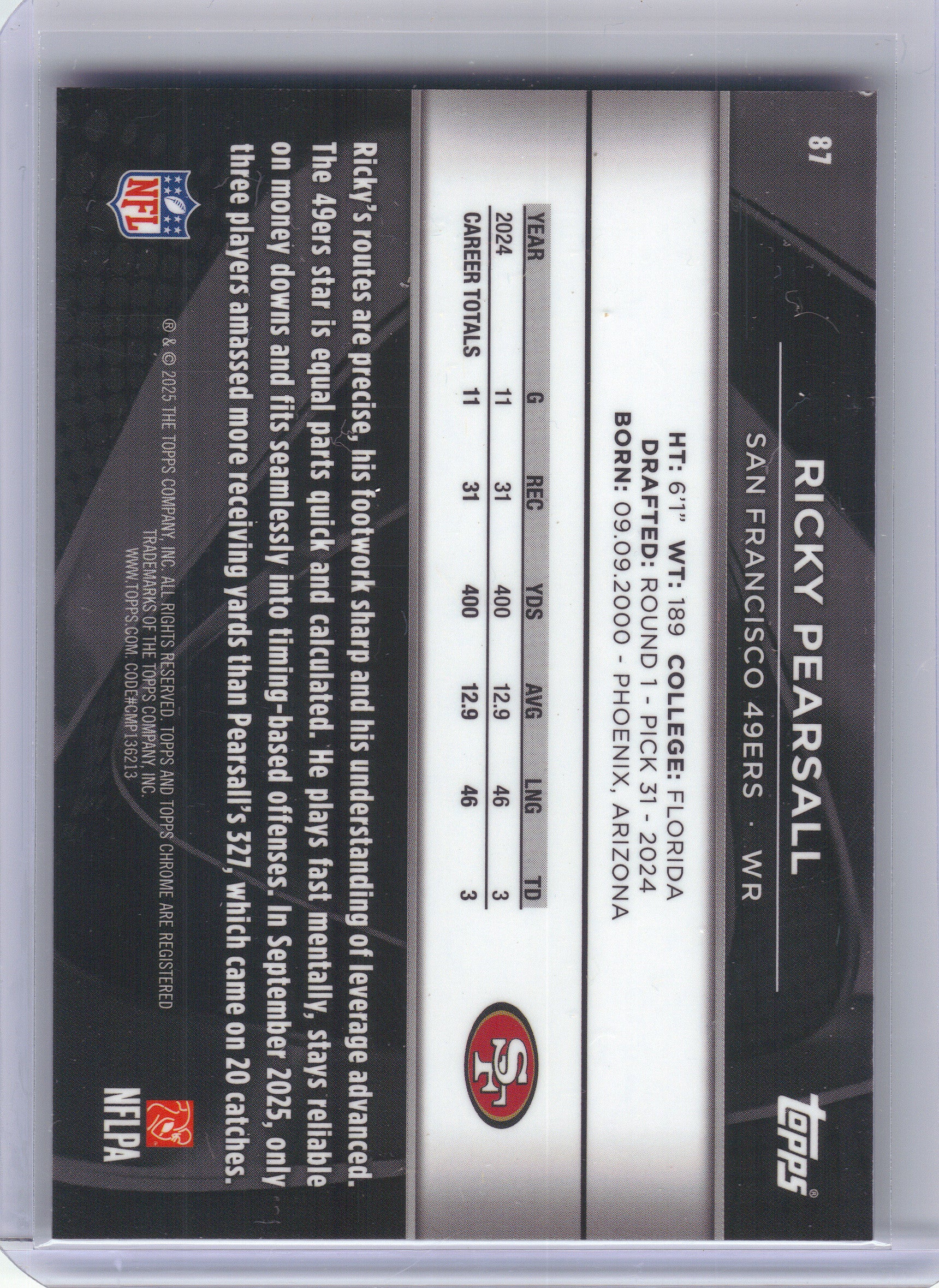 2025 Topps Chrome Black #87 Ricky Pearsall Purple /75 San Francisco 49ers