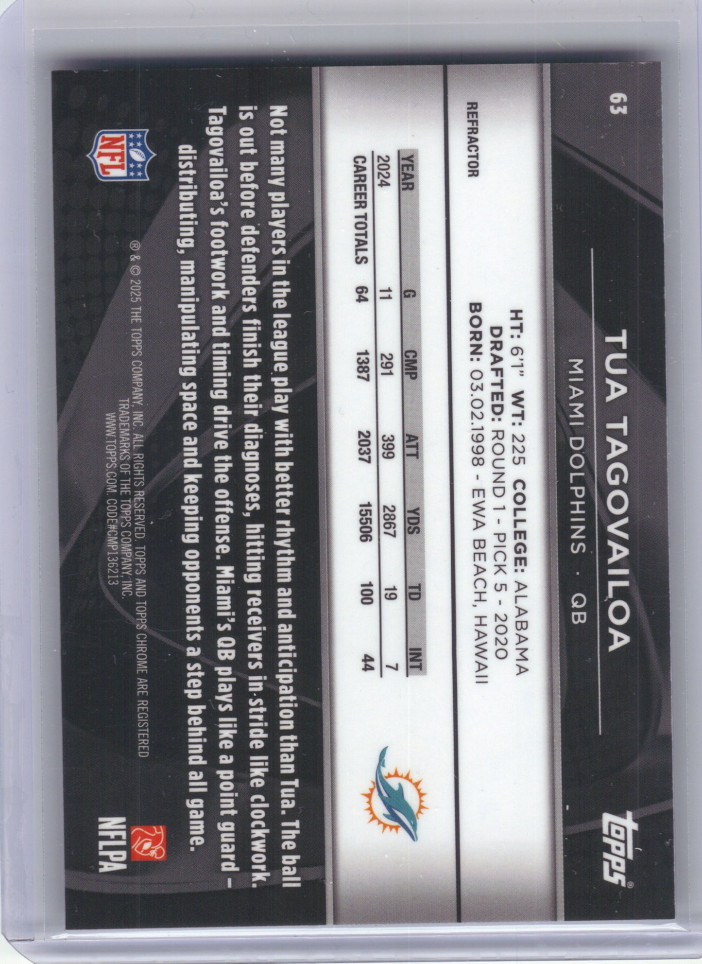 2025 Topps Chrome Black #63 Tua Tagovailoa Refractor /299 Miami Dolphins