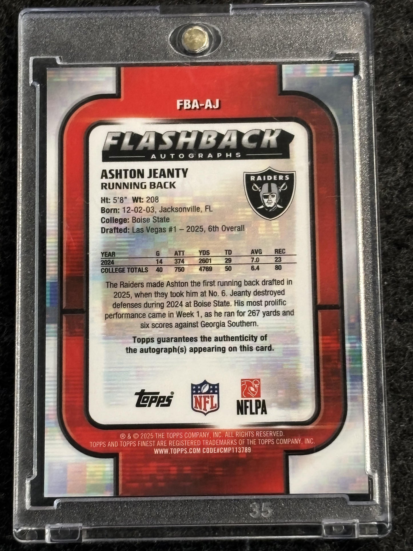 2025 Finest #FBA-AJ Ashton Jeanty Flashback Autographs Las Vegas Raiders Auto
