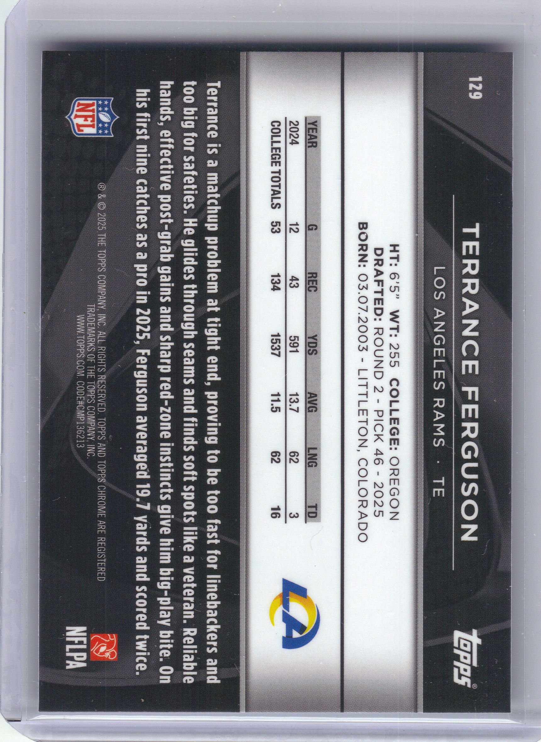 2025 Topps Chrome Black #129 Terrance Ferguson Los Angeles Rams Rookie