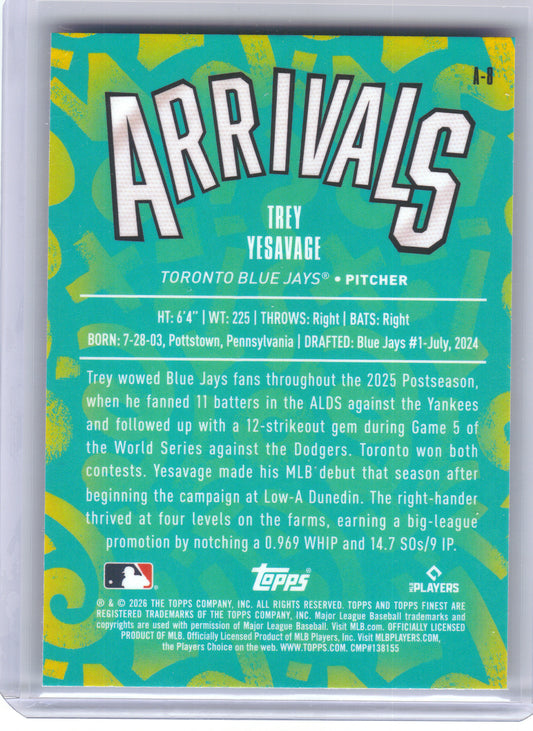 2026 Finest #A-8 Trey Yesavage Arrivals Toronto Blue Jays