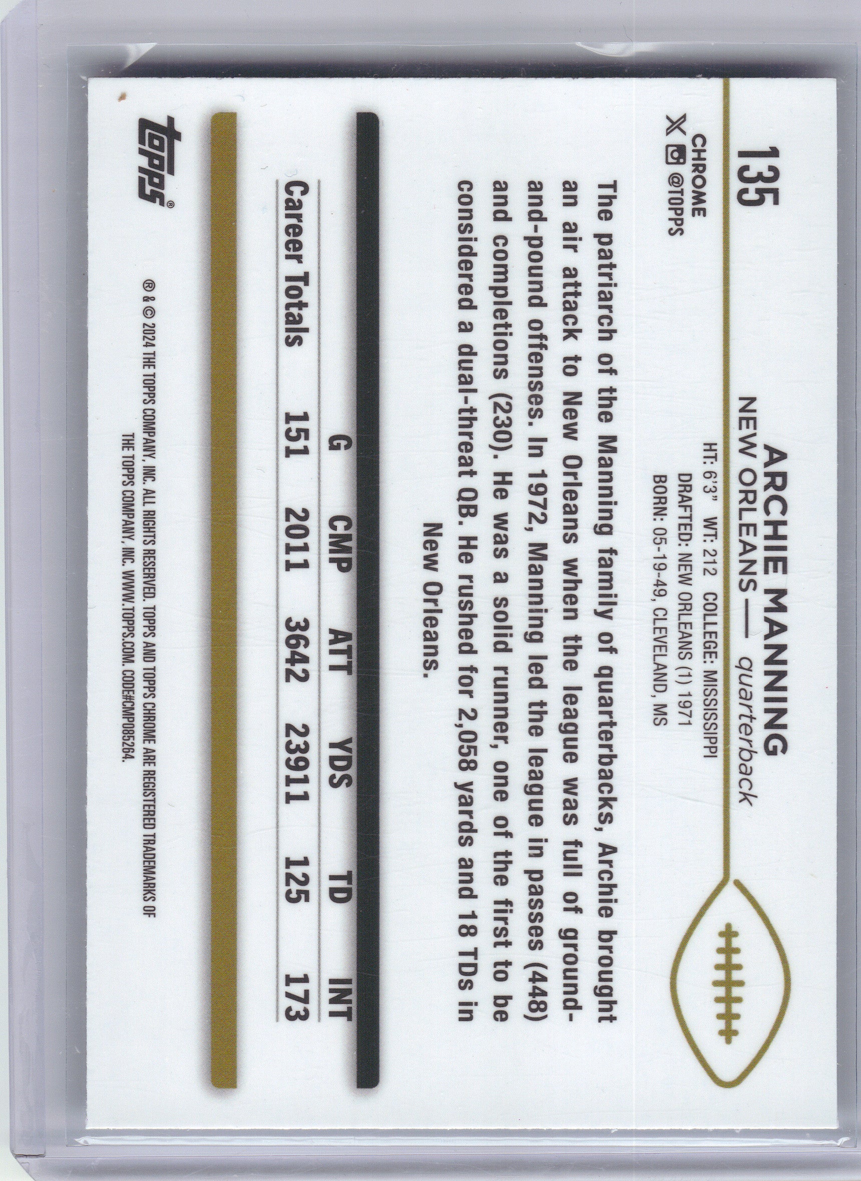 2024 Topps Chrome #135 Archie Manning X-Fractor New Orleans Saints
