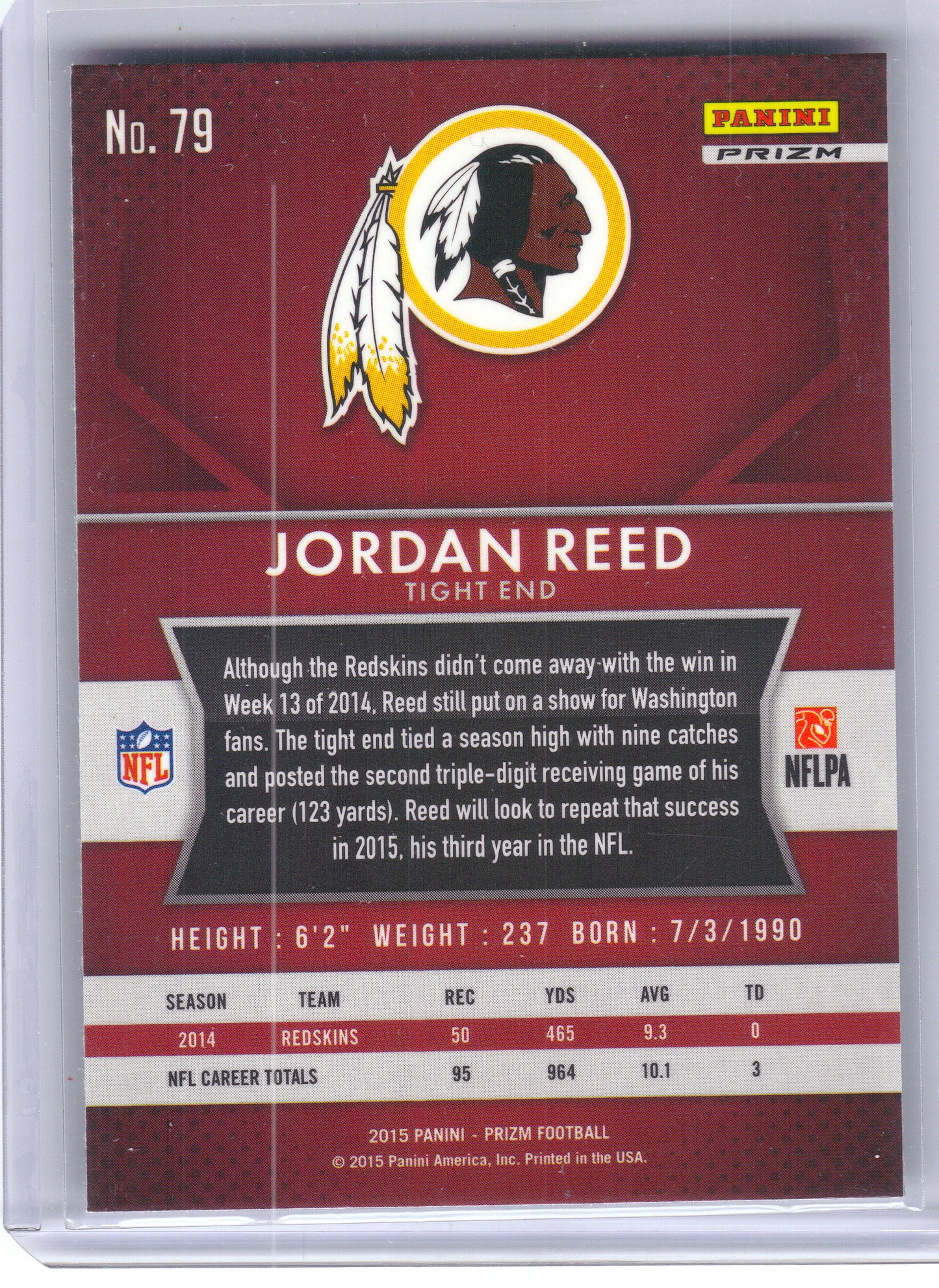 2015 Panini Prizm #79 Jordan Reed Prizm Washington Redskins