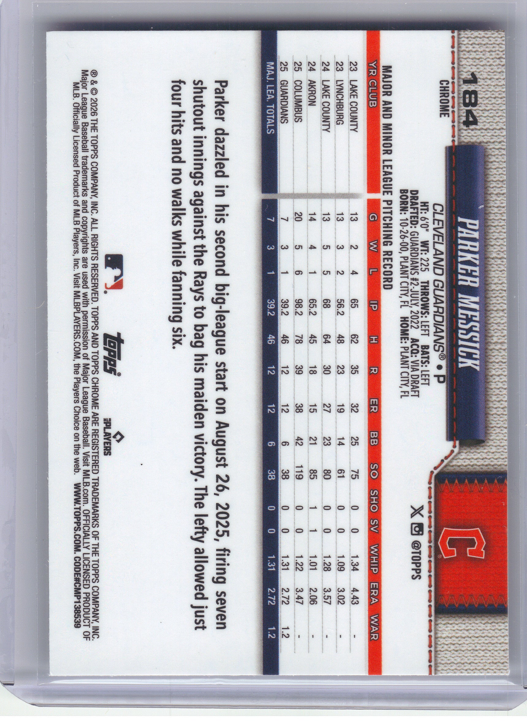 2026 Topps #67 Parker Messick Cleveland Guardians Rookie