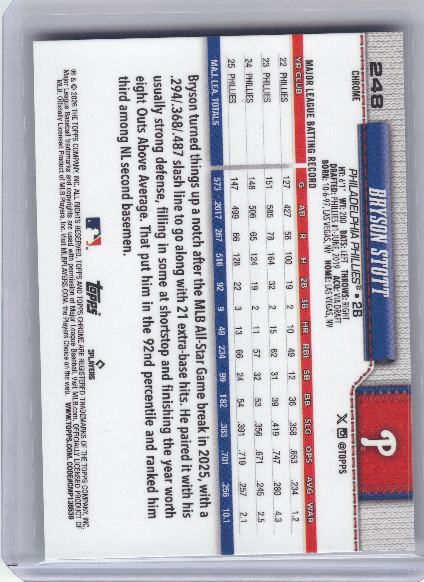 2026 Topps Chrome #248 Bryson Stott Green Refractors #/99 Philadelphia Phillies SN