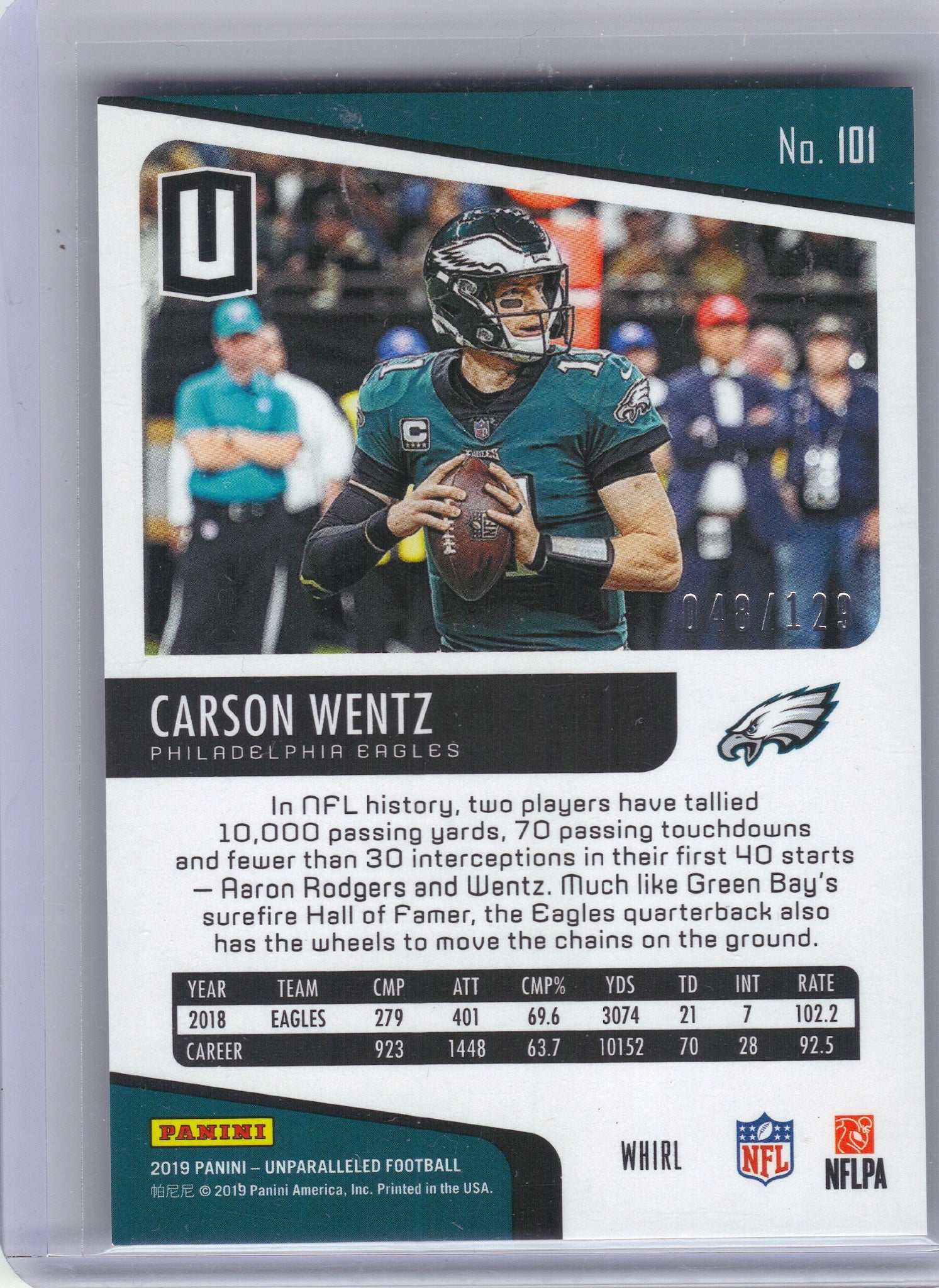 2019 Panini Unparalleled #101 Carson Wentz Whirl #/129 Philadelphia Eagles SN