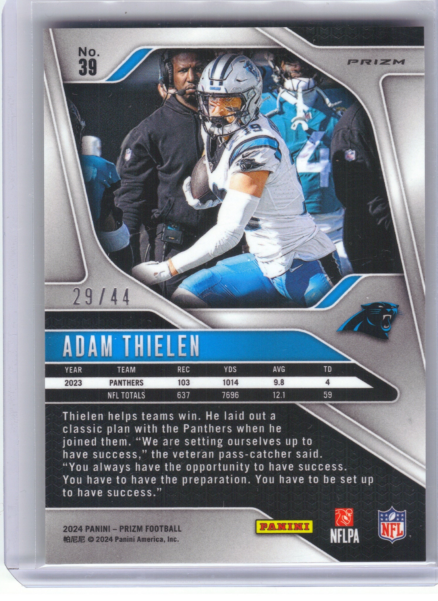 2024 Panini Prizm #39 Adam Thielen Red and Yellow #/44 Carolina Panthers SN