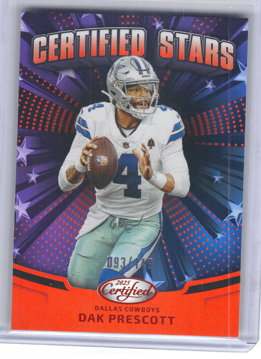 2025 Panini Certified #CST-DPT Dak Prescott Certified Stars Mirror Orange #/149 Dallas Cowboys SN