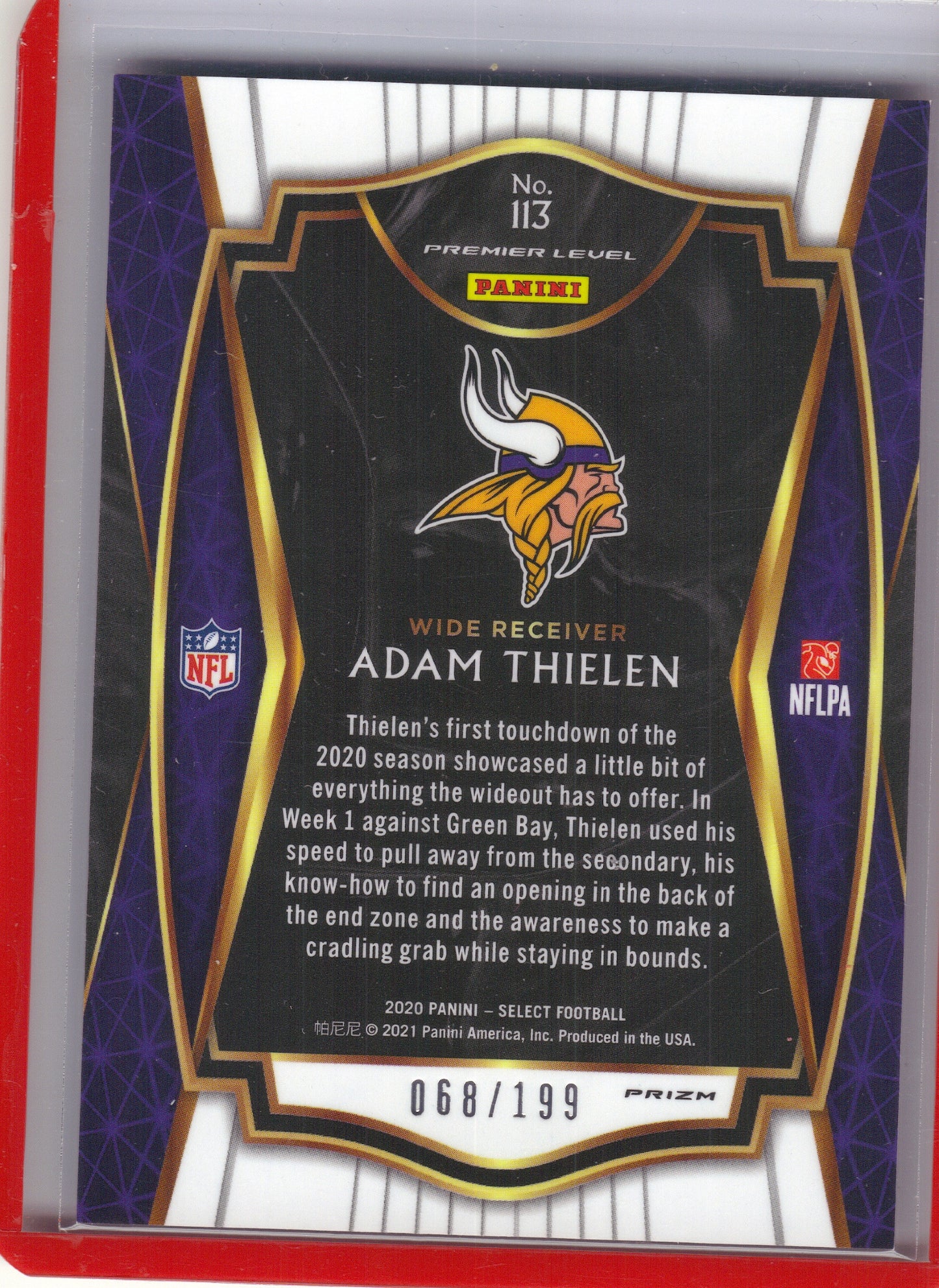 2020 Panini Select #113 Adam Thielen Tri-Color Prizm #/199 Minnesota Vikings SN