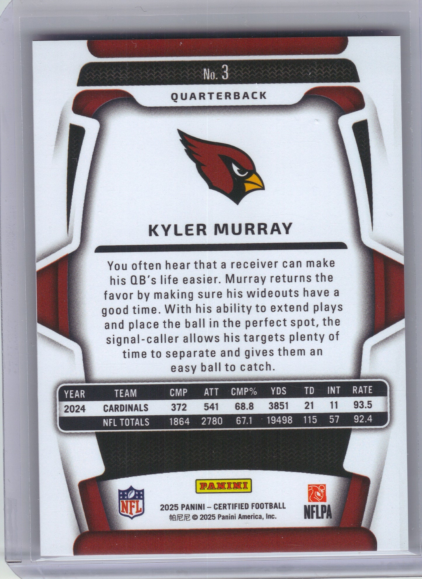 2025 Panini Certified #3 Kyler Murray Mirror Pink #/225 Arizona Cardinals SN