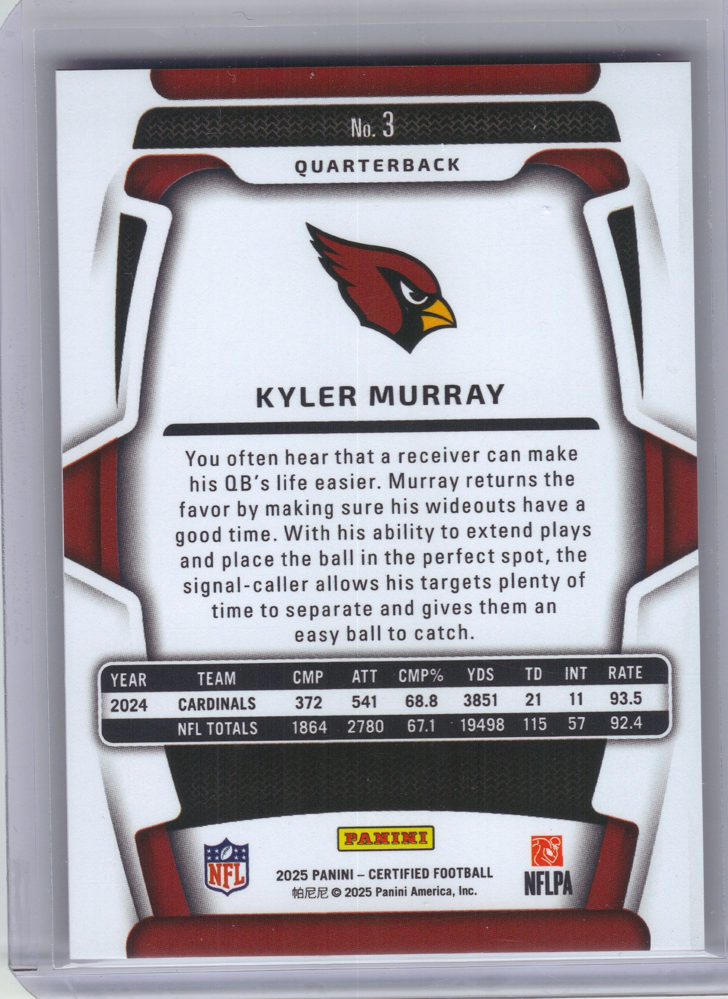 2025 Panini Certified #3 Kyler Murray Mirror Pink #/225 Arizona Cardinals SN