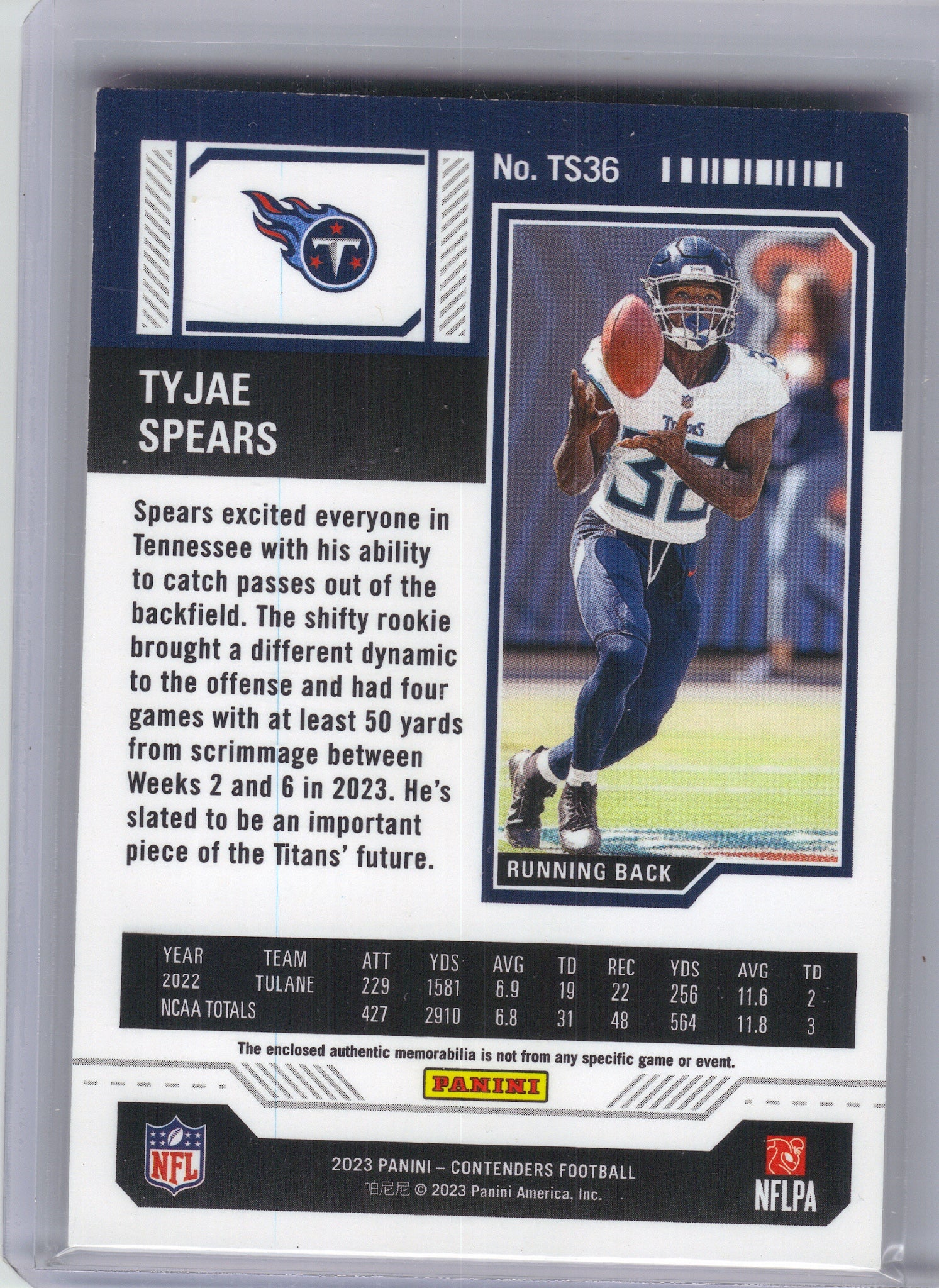 2023 Panini Contenders #TS36 Tyjae Spears Rookie Ticket Swatches Tennessee Titans Memorabilia