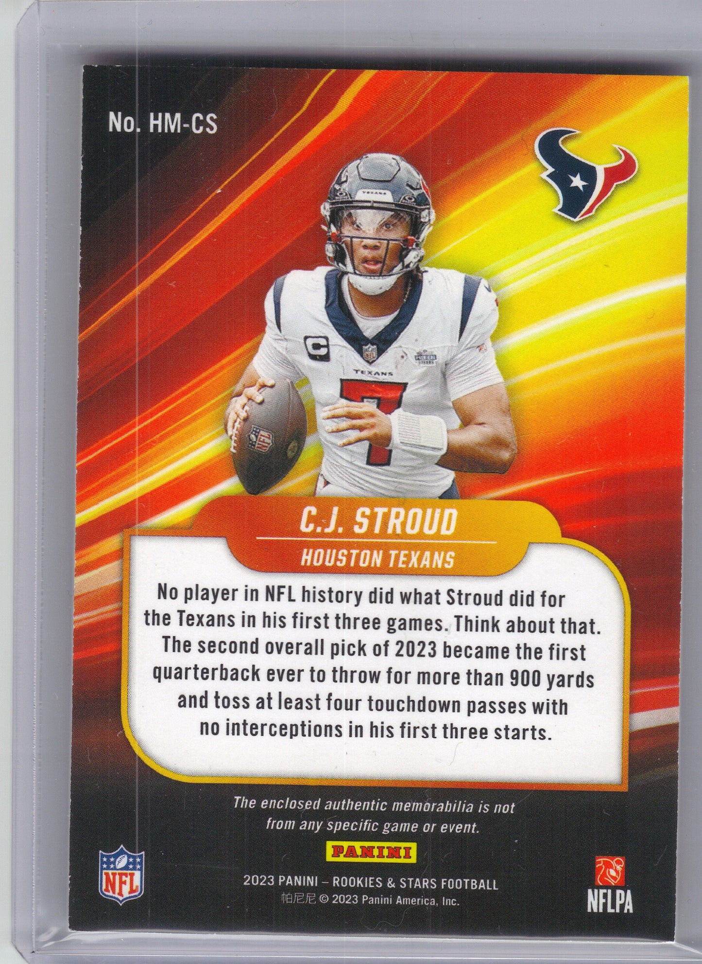 2023 Panini Rookies & Stars #HM-CS C.J. Stroud High Octane Memorabilia #/399 Houston Texans SN, Memorabilia