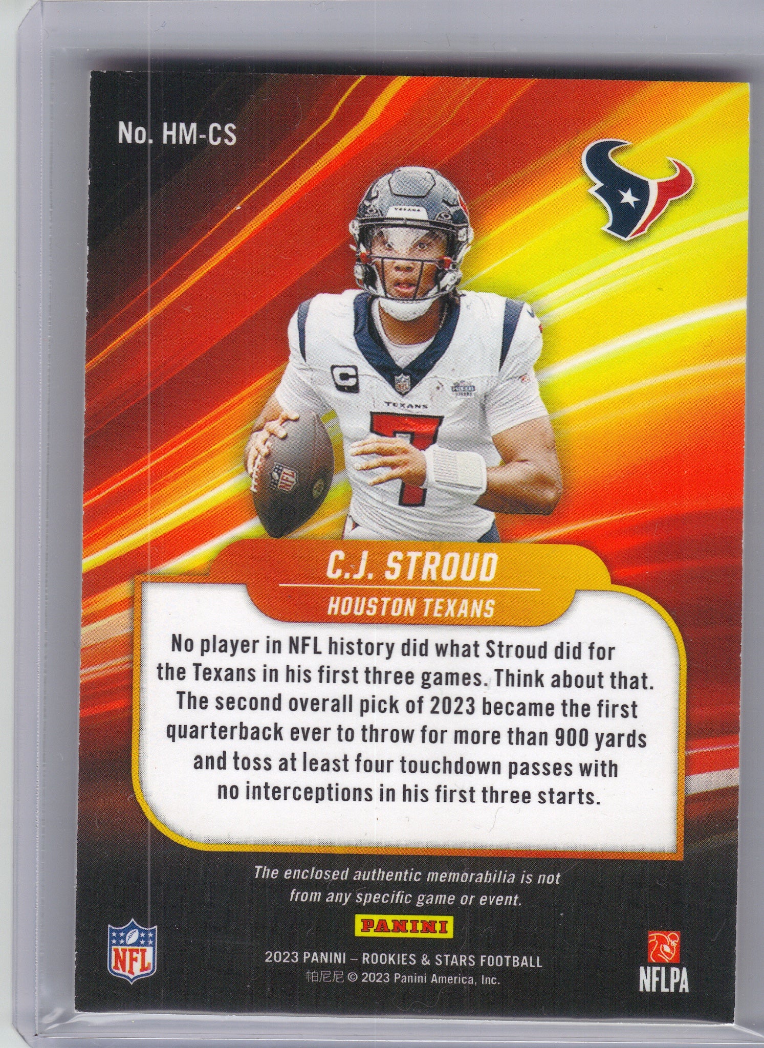 2023 Panini Rookies & Stars #HM-CS C.J. Stroud High Octane Memorabilia #/399 Houston Texans SN, Memorabilia