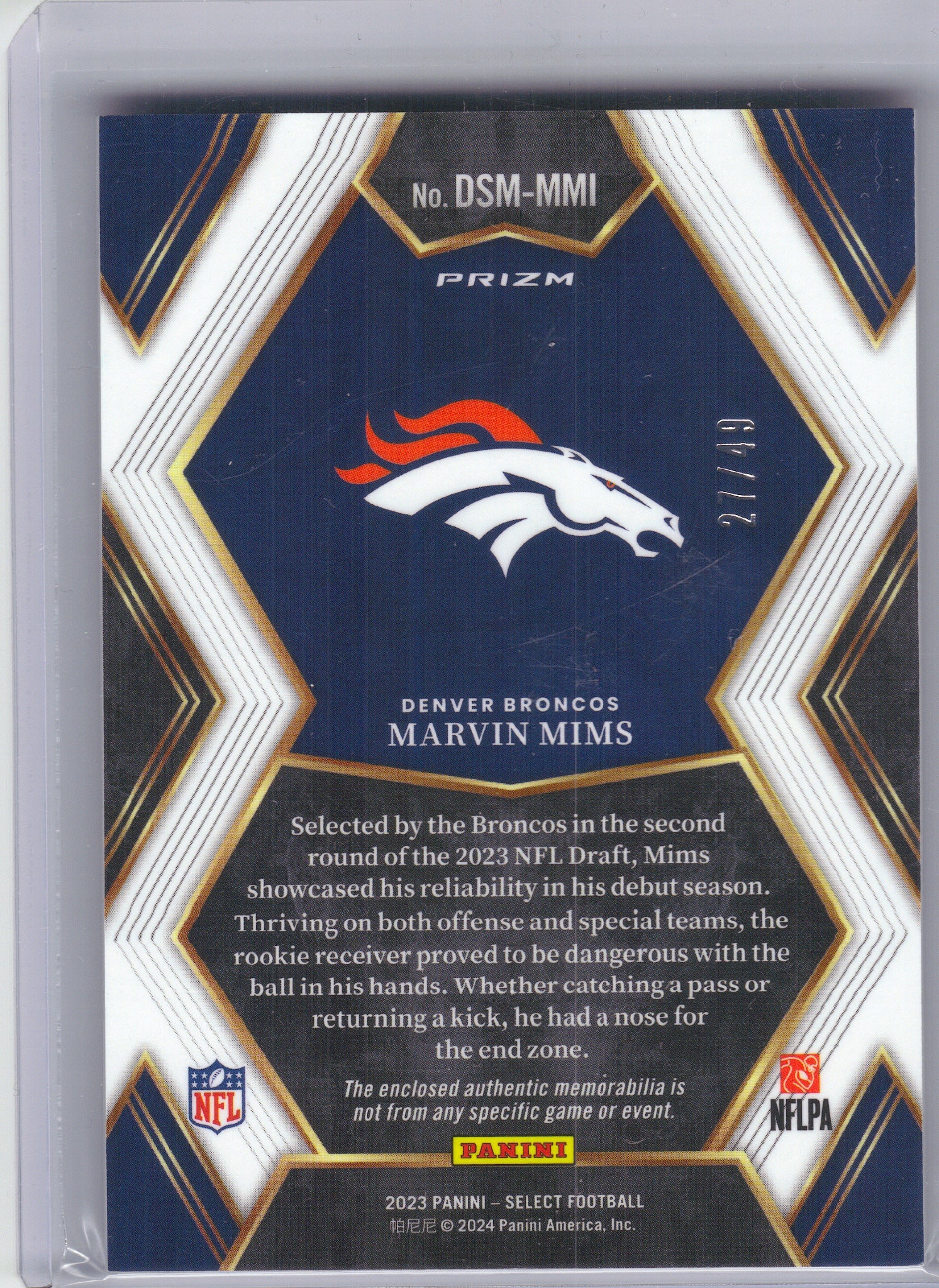 2023 Panini Select #DSM-MMI Marvin Mims Draft Selections Memorabilia Red Prizm Copper Prizms /49 Denver Broncos Memorabilia