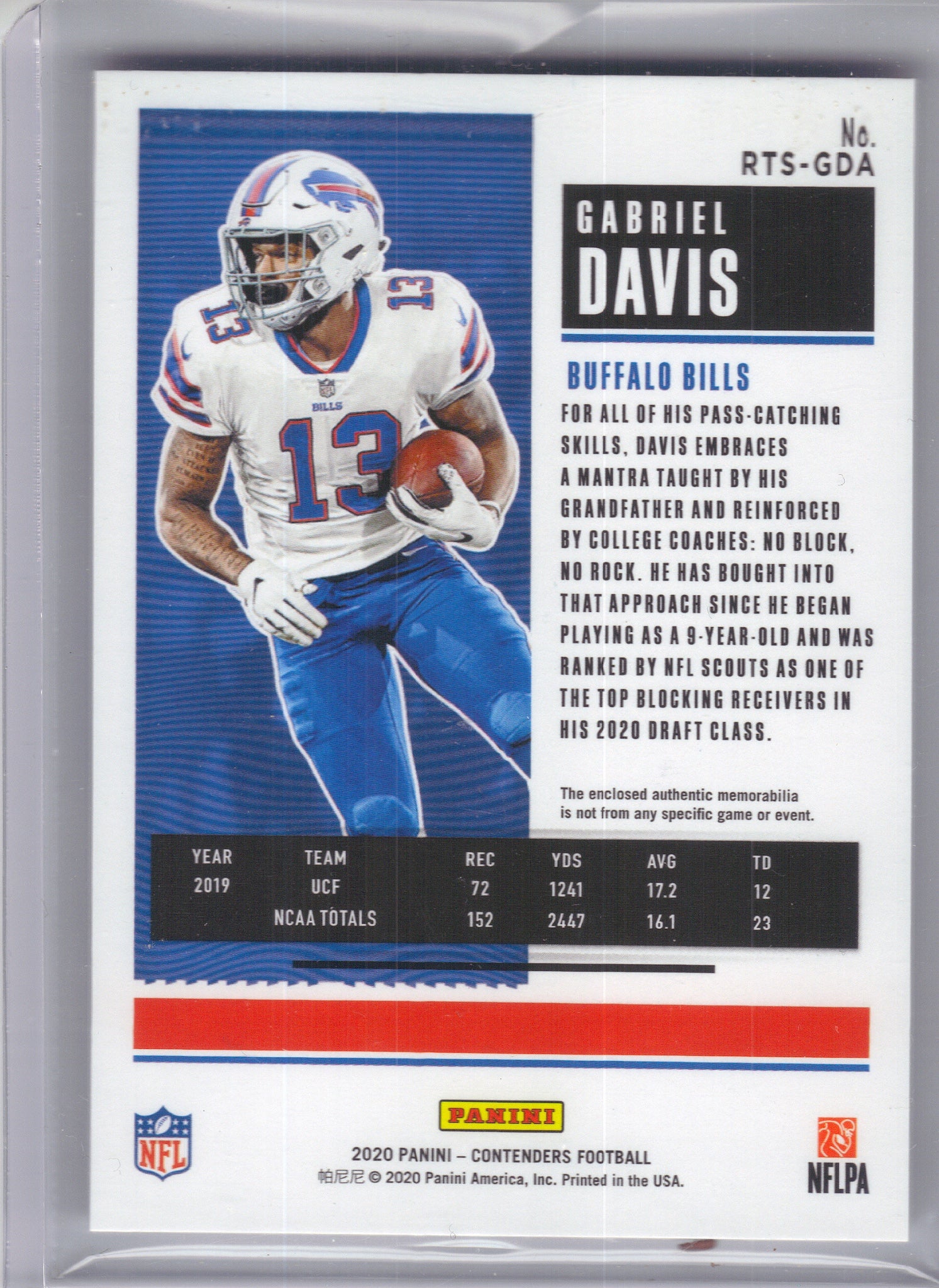 2020 Panini Contenders #RTS-GDA Gabriel Davis Rookie Ticket Swatches Buffalo Bills Memorabilia