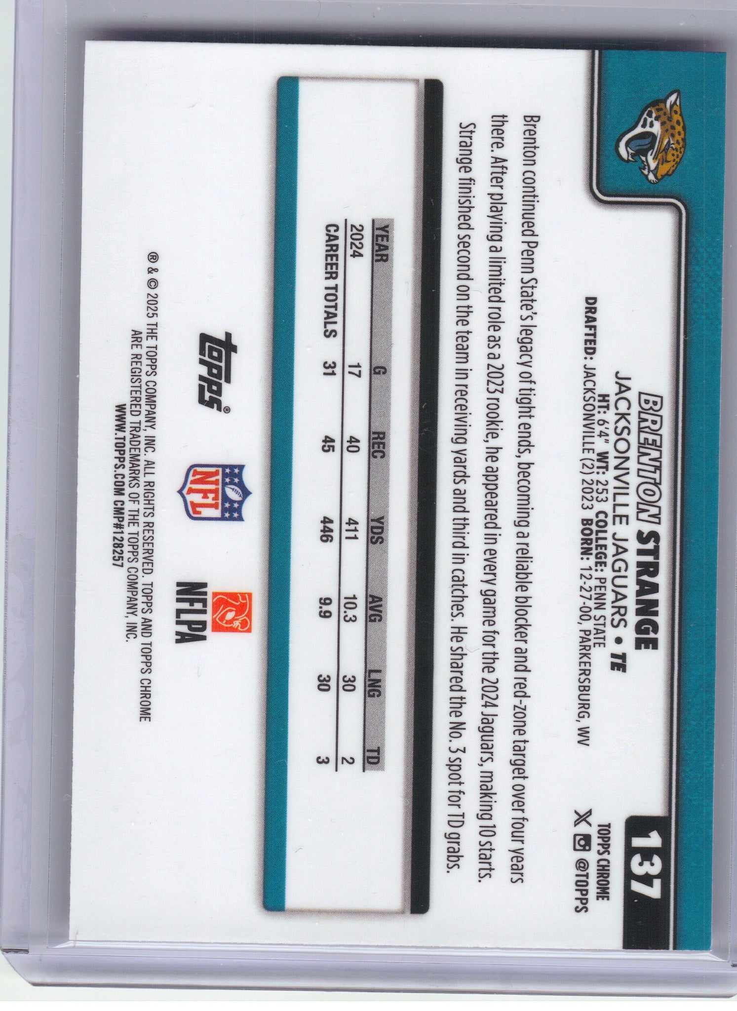 2025 Topps Chrome #137 Brenton Strange Pink Refractor #/250 Jacksonville Jaguars SN
