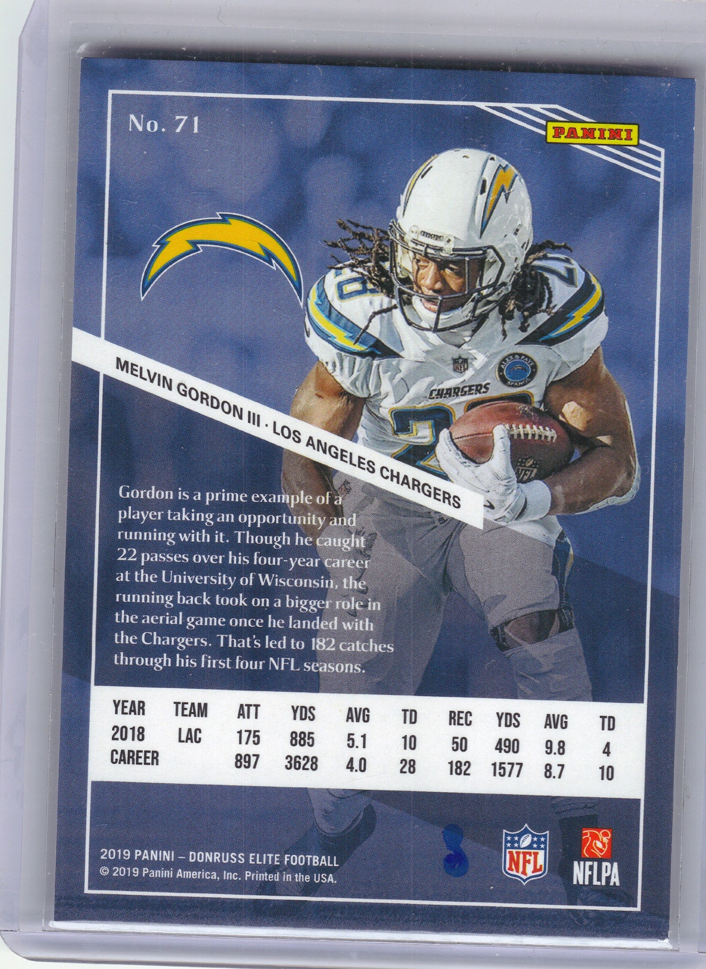 2019 Donruss Elite #71 Melvin Gordon III Blue #/10 Los Angeles Chargers SN