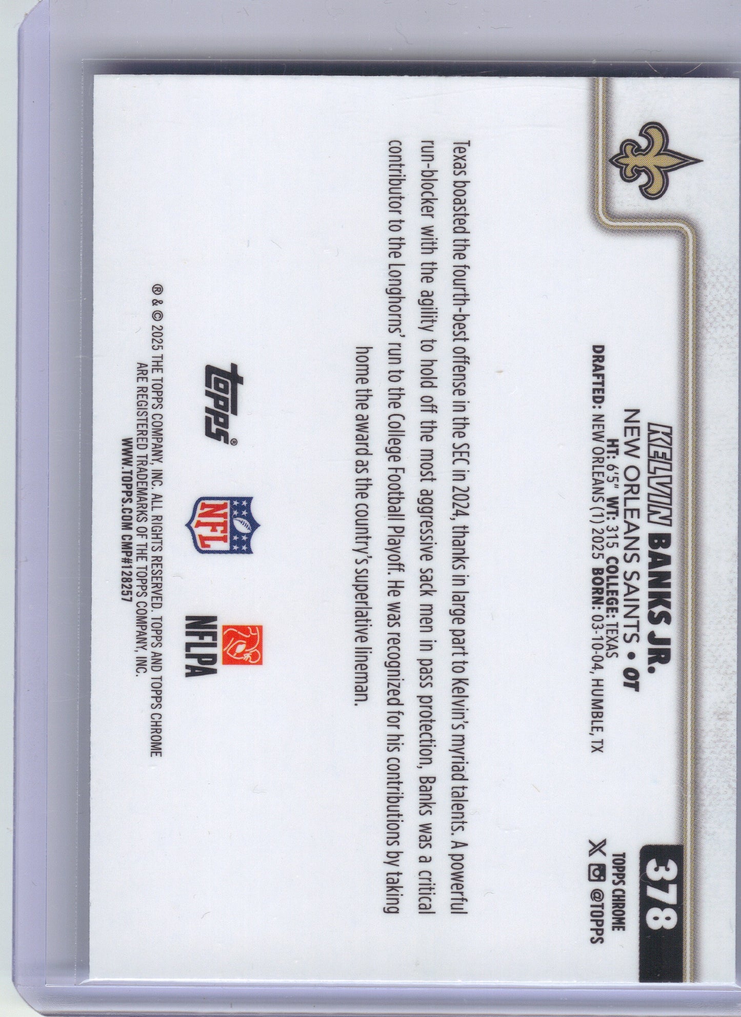 2025 Topps Chrome #378 Kelvin Banks Jr. Blue Wave Refractor #/150 New Orleans Saints SN, Rookie