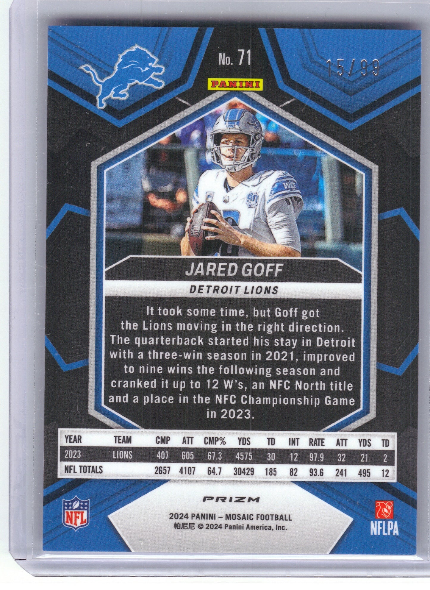 2024 Panini Mosaic #71 Jared Goff Mosaic Blue Color Match Detroit Lions SN
