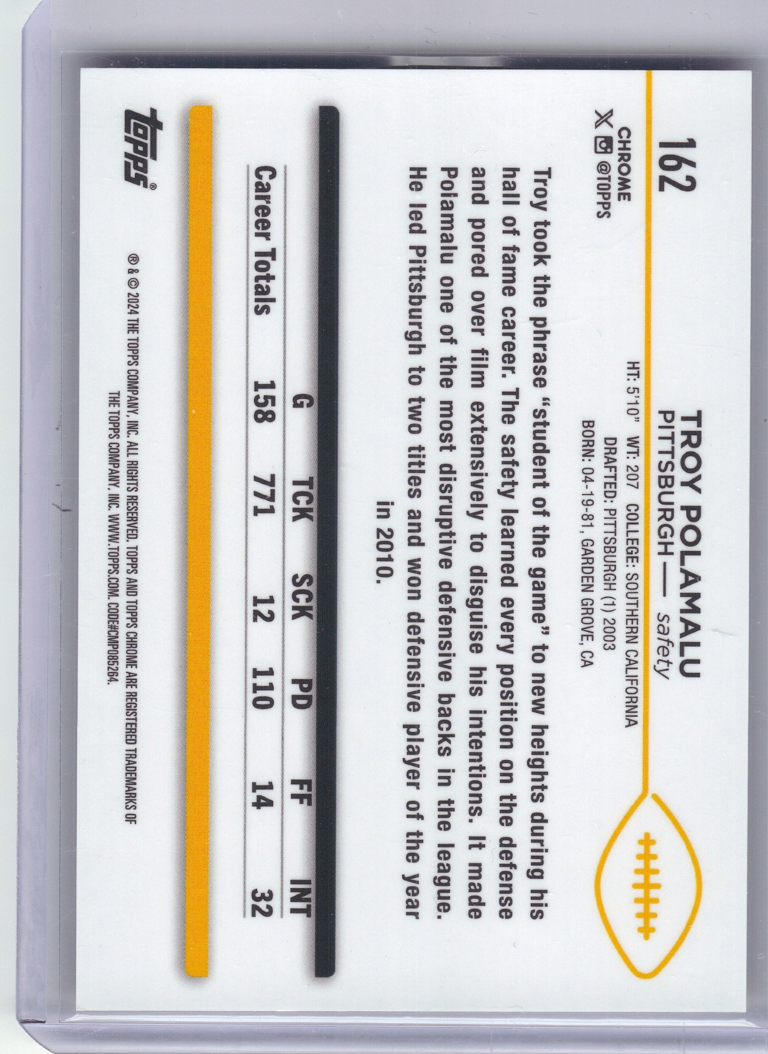 2024 Topps Chrome #162 Troy Polamalu Gold Refractor #/50 Pittsburgh Steelers SN