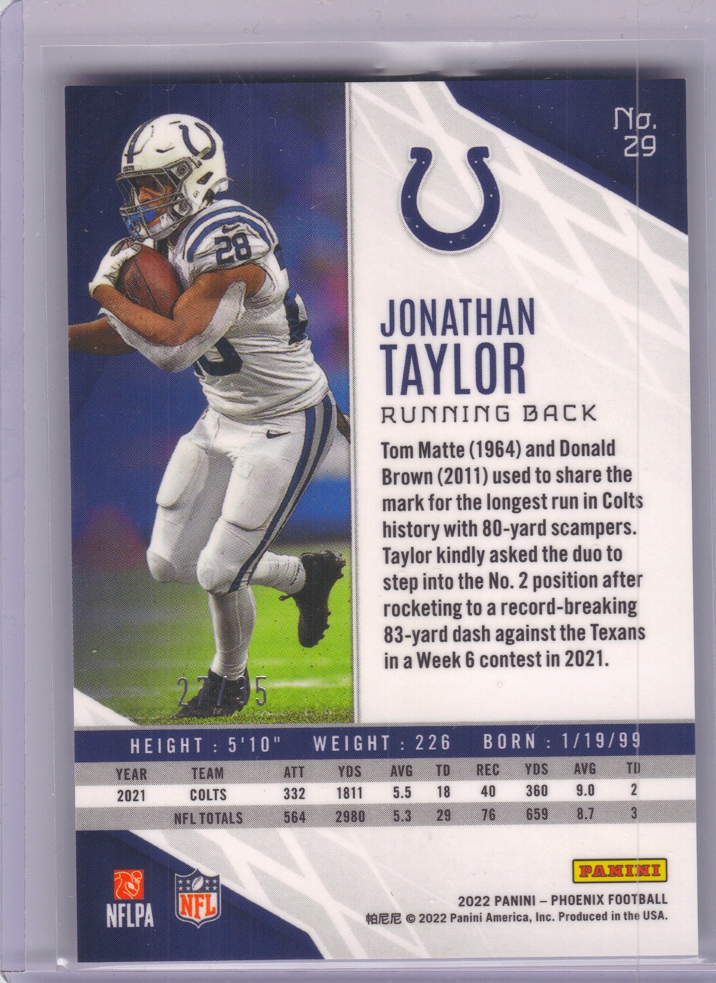 2022 Panini Phoenix #29 Jonathan Taylor Blue Color Match Indianapolis Colts SN