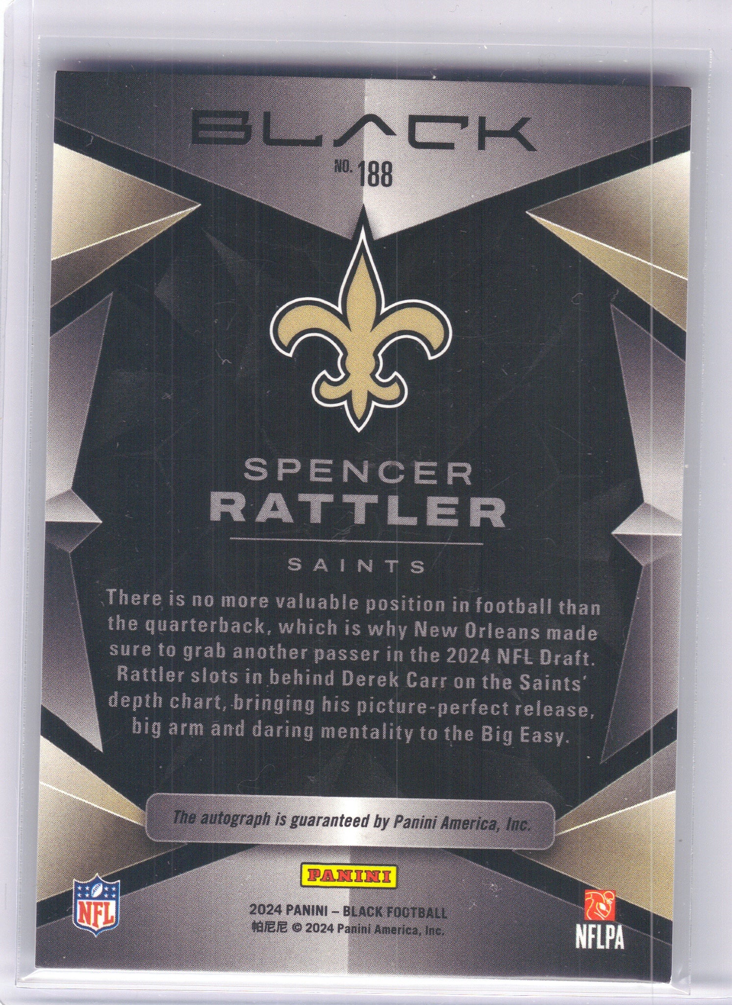 2024 Panini Black #188 Spencer Rattler Rookies Autographs #/199 New Orleans Saints SN, Rookie, Auto