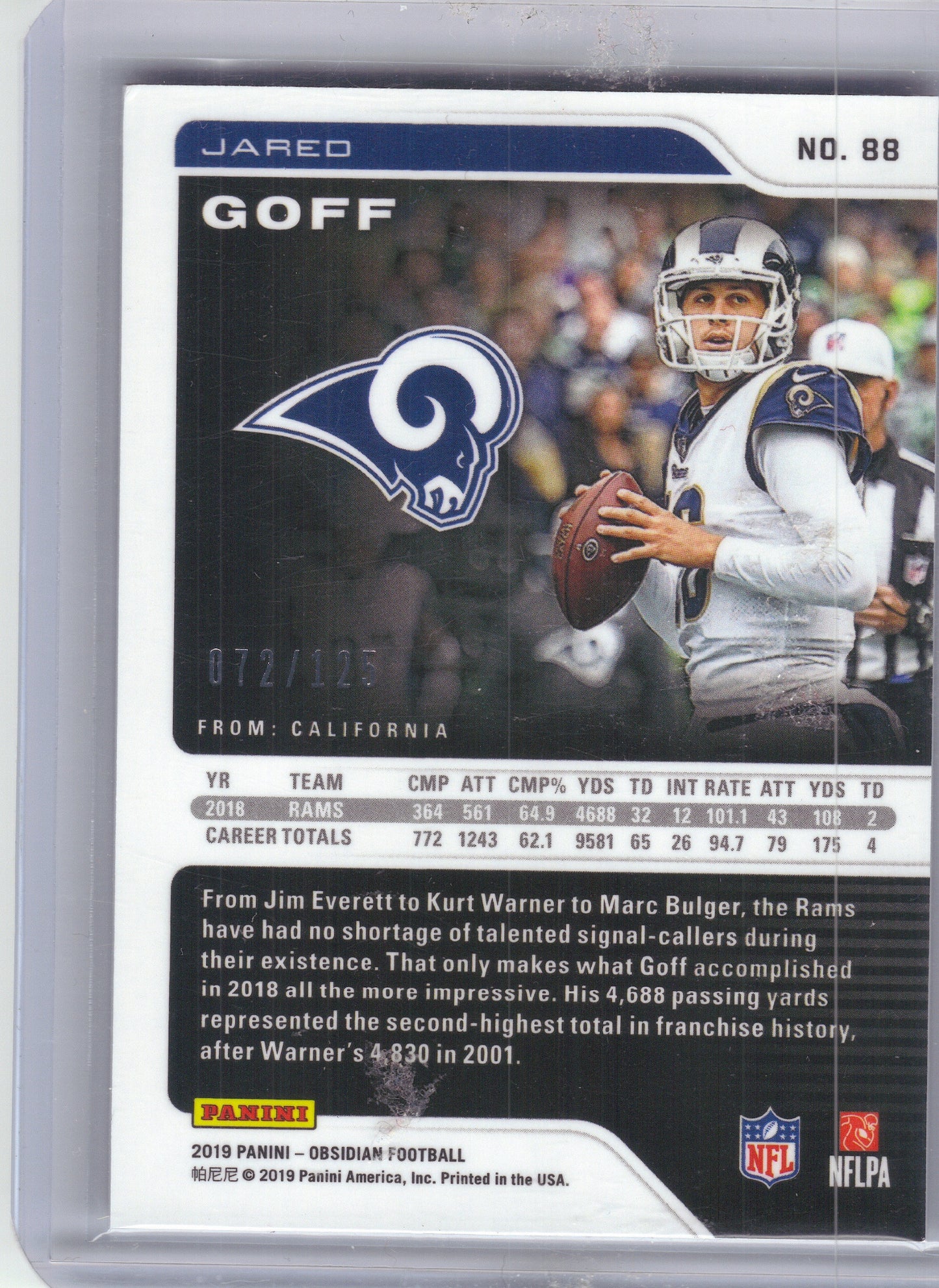 2019 Panini Obsidian #88 Jared Goff #/125 Los Angeles Rams SN