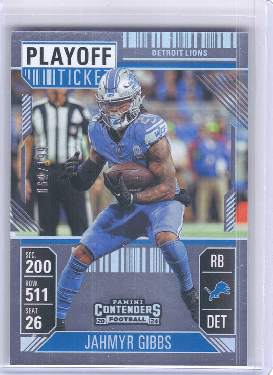2024 Panini Contenders #32 Jahmyr Gibbs Playoff Ticket #/199 Detroit Lions SN