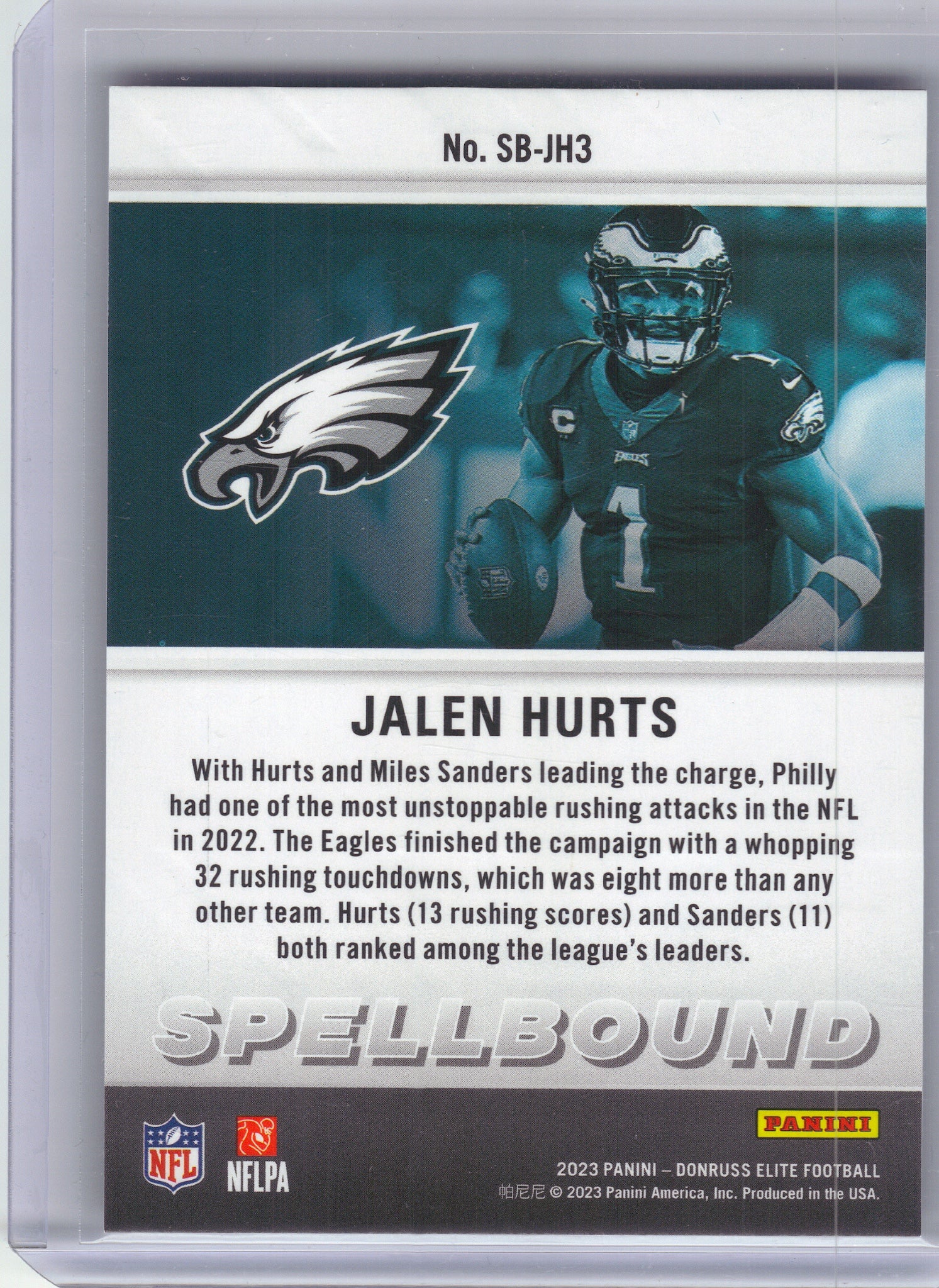 2023 Donruss Elite #SB-JH3 Jalen Hurts Spellbound #/349 Philadelphia Eagles SN