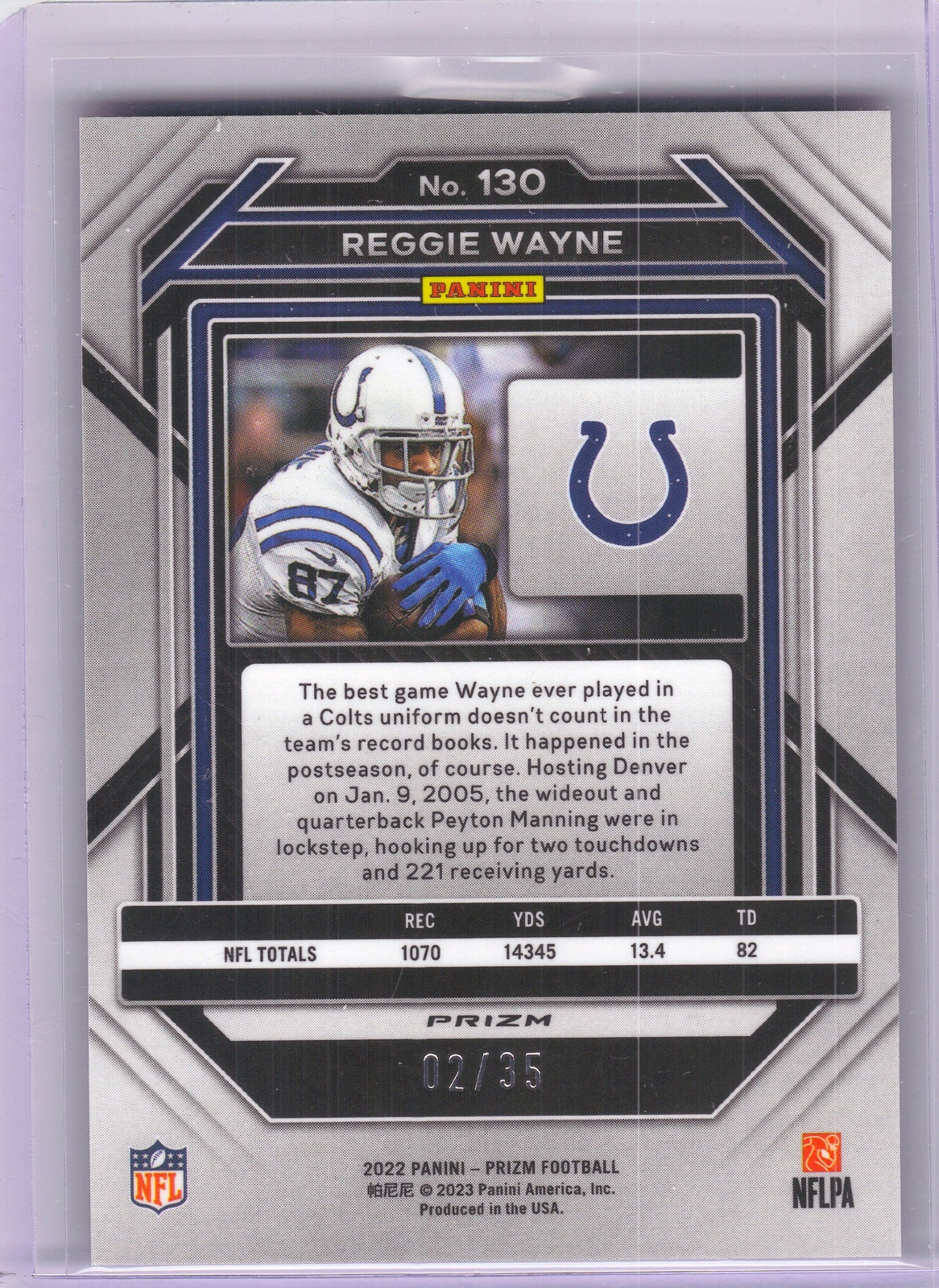 2022 Panini Prizm #130 Reggie Wayne No Huddle Purple #/35 Indianapolis Colts SN