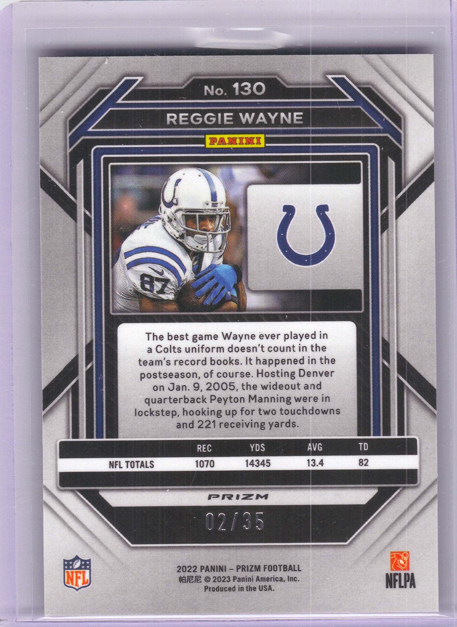 2022 Panini Prizm #130 Reggie Wayne No Huddle Purple #/35 Indianapolis Colts SN