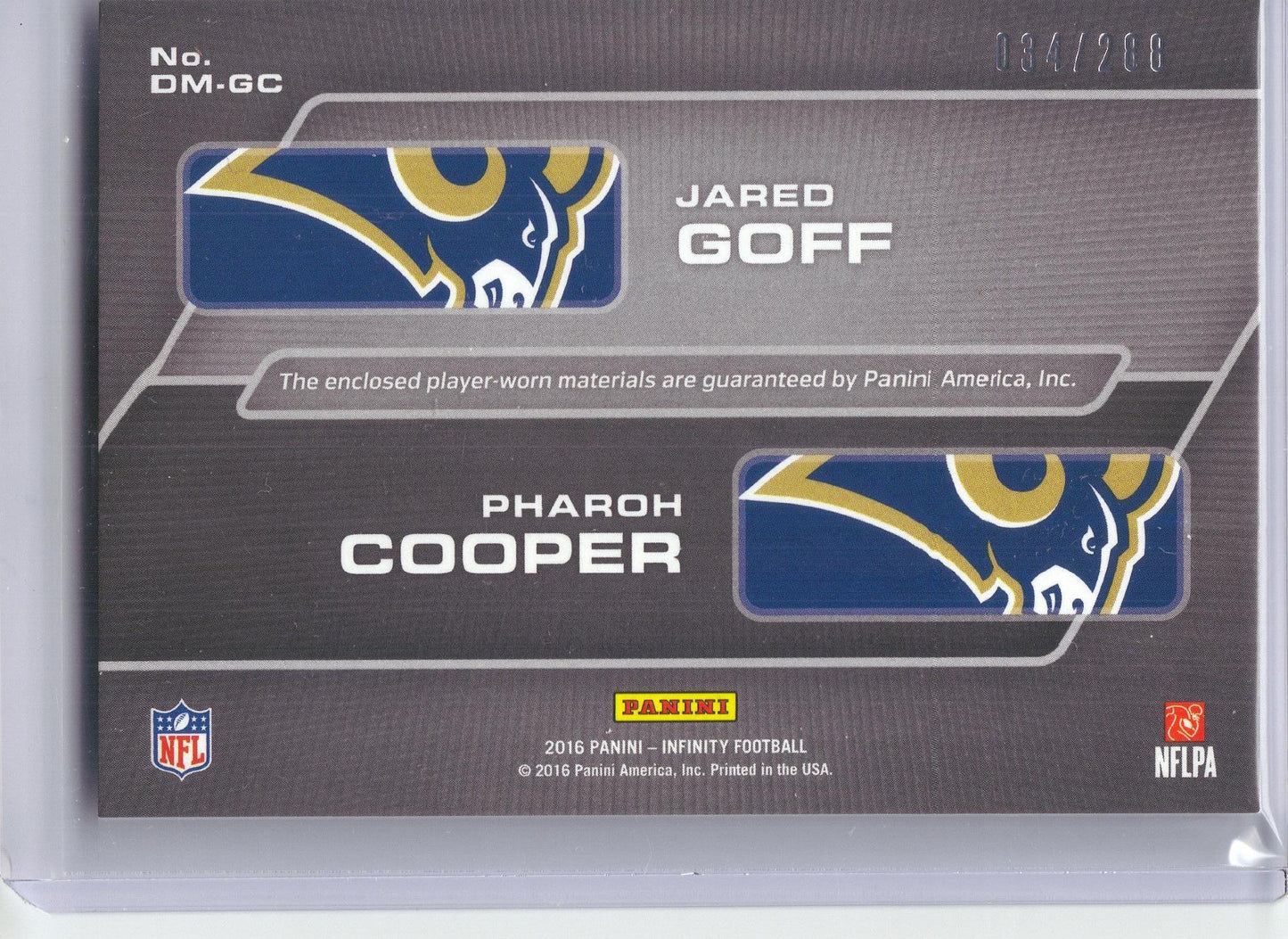 2016 Panini Infinity #DM-GC Jared Goff / Pharoh Cooper MEM, SN288 RPS 2016 Dual Memorabilia #/288 Los Angeles Rams SN, Memorabilia