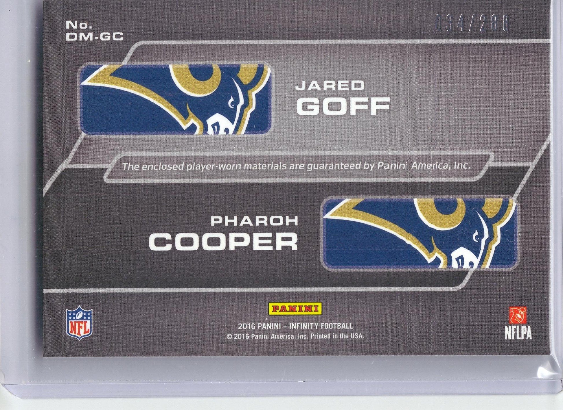 2016 Panini Infinity #DM-GC Jared Goff / Pharoh Cooper MEM, SN288 RPS 2016 Dual Memorabilia #/288 Los Angeles Rams SN, Memorabilia