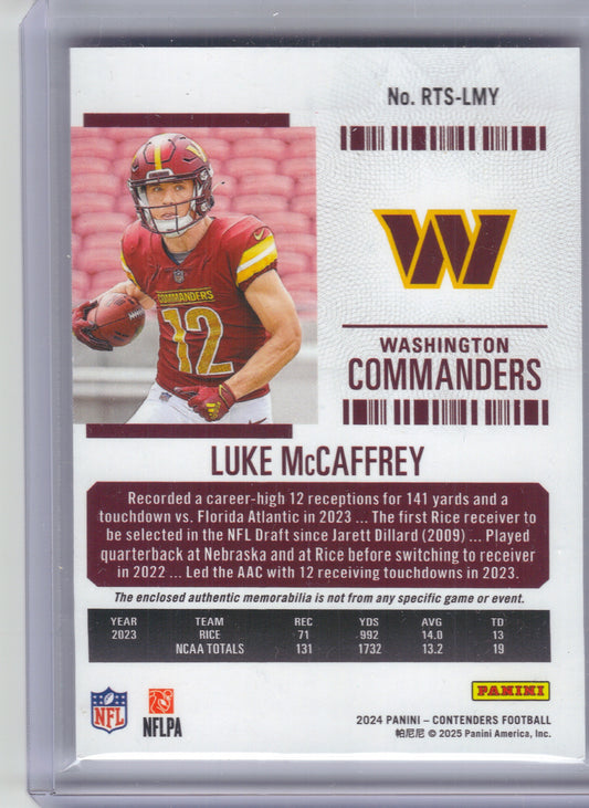 2024 Panini Contenders #RTS-LMY Luke McCaffrey Rookie Ticket Swatches Washington Commanders Memorabilia