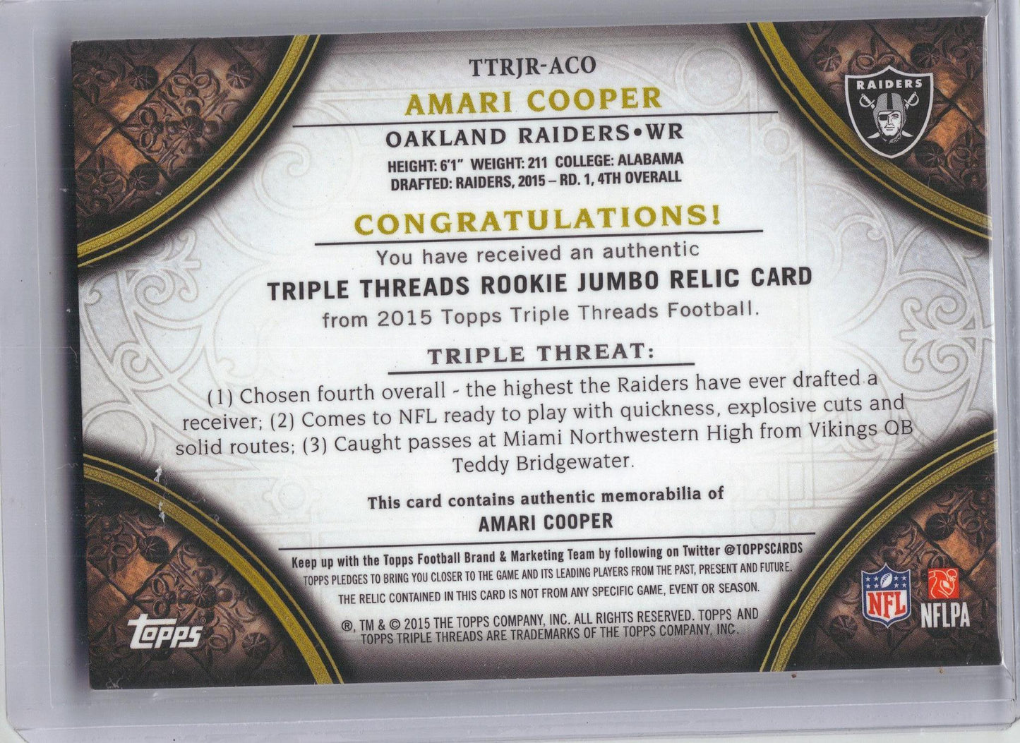 2015 Topps Triple Threads #TTRJR-AC Amari Cooper Rookie Jumbo Relics Emerald #/50 Oakland Raiders Memorabilia, SN