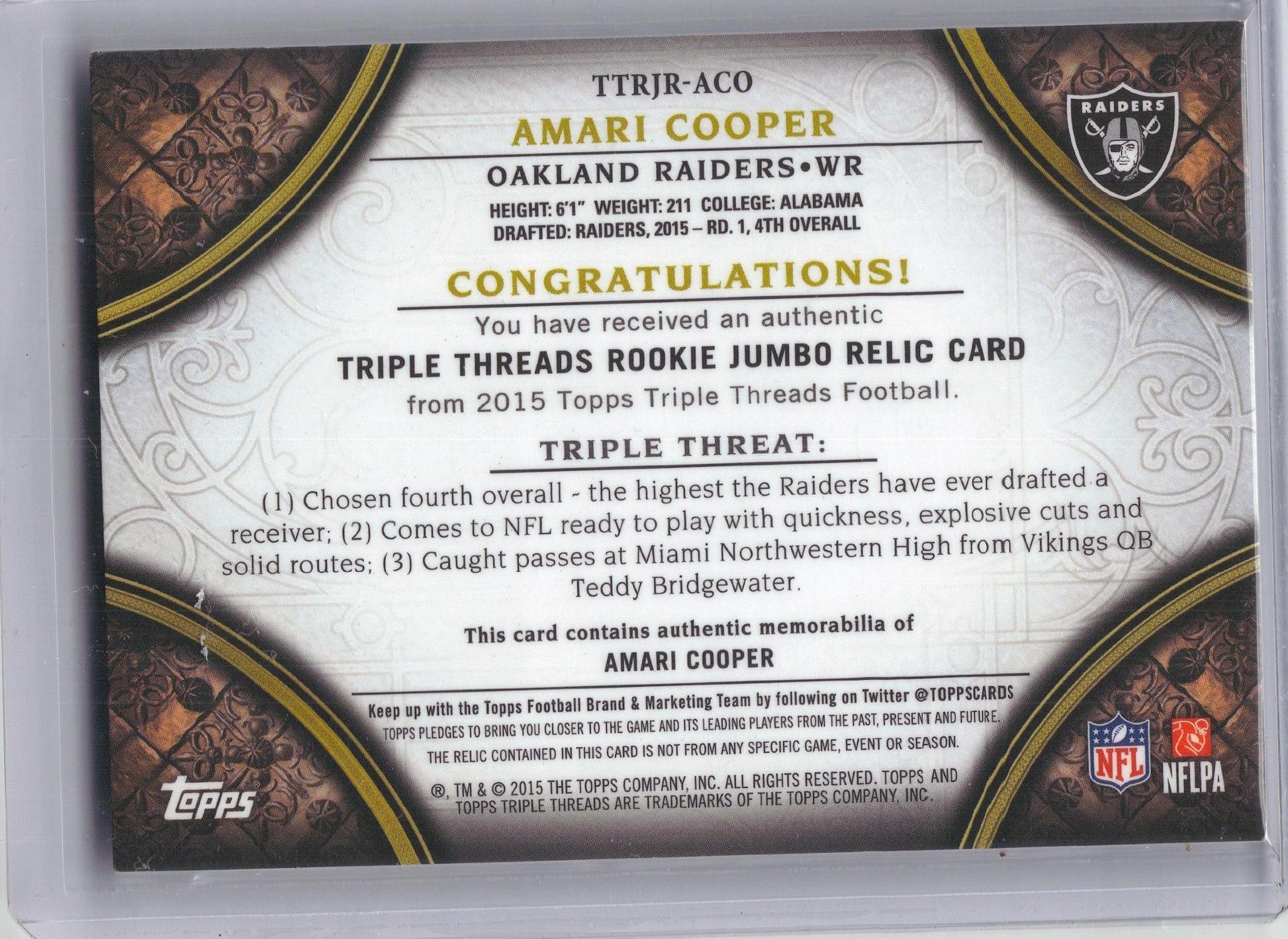 2015 Topps Triple Threads #TTRJR-AC Amari Cooper Rookie Jumbo Relics Emerald #/50 Oakland Raiders Memorabilia, SN