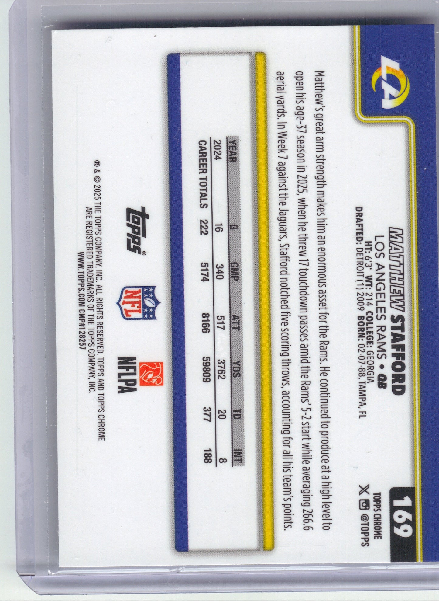 2025 Topps Chrome #169 Matthew Stafford Los Angeles Rams