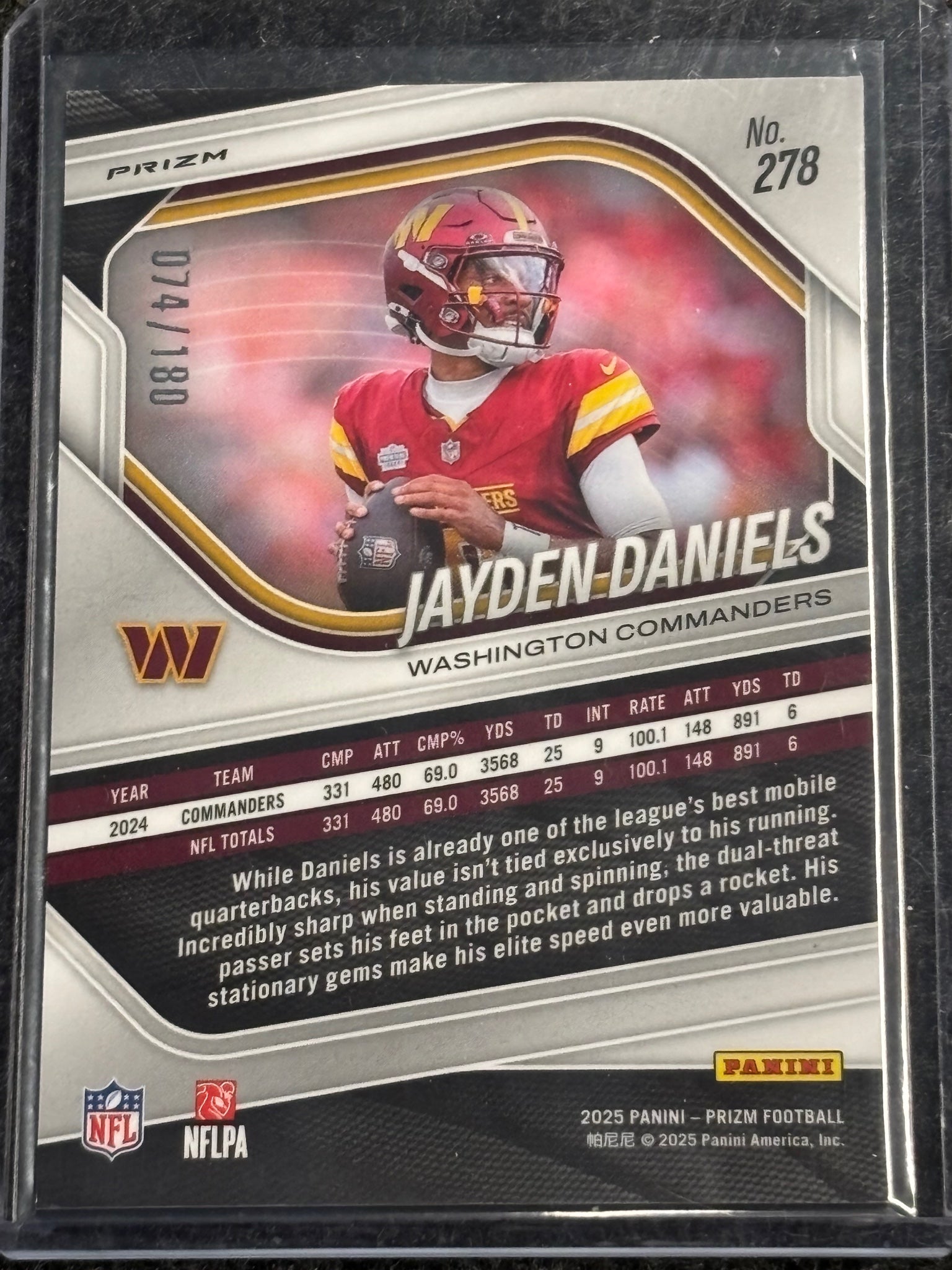 2025 Panini Prizm #278 Jayden Daniels Pigskin #/180 Washington Commanders SN